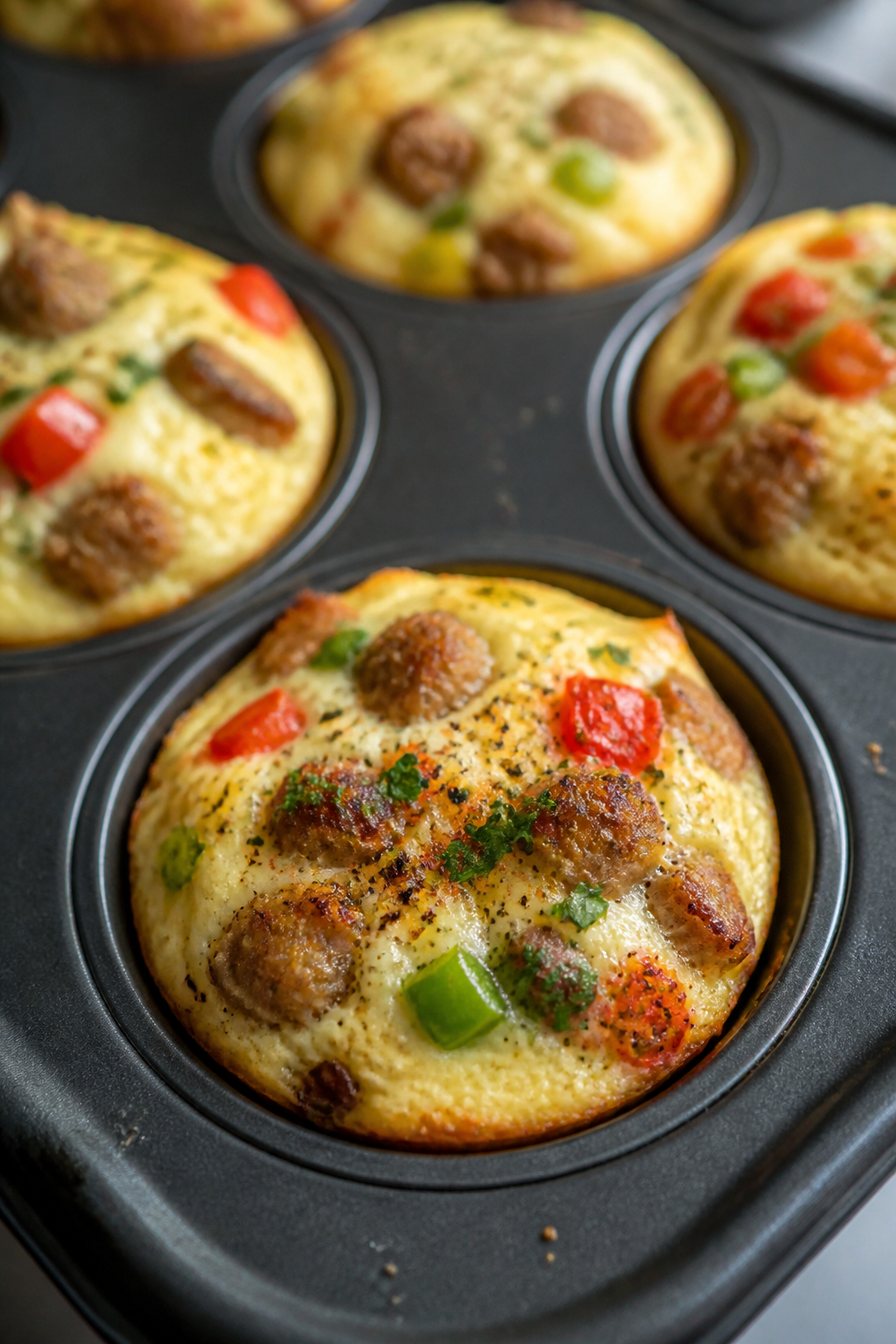 Close-up detail: Freshly baked egg white and turkey sausage muffins just out of the muffin tin, gold