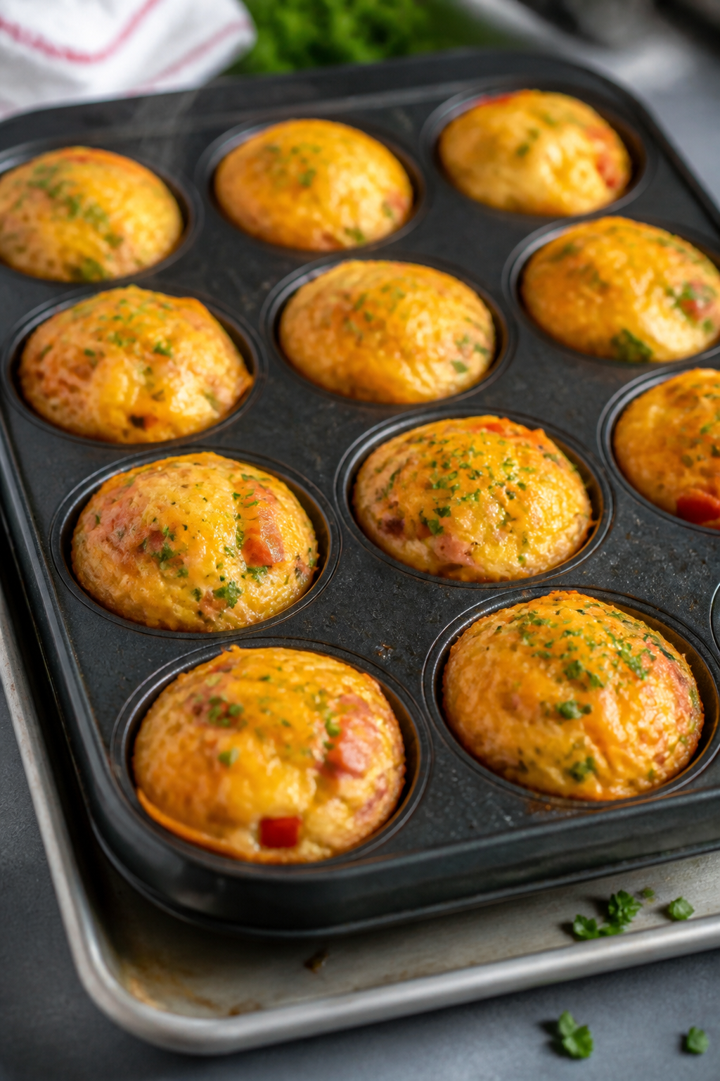 Close-up detail: Freshly baked ham & cheese egg muffins just out of the oven in a greased 12-cup muf