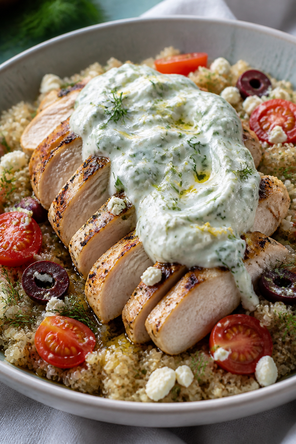 Close-up detail: Generous dollop of creamy tzatziki swirled over freshly sliced grilled chicken atop
