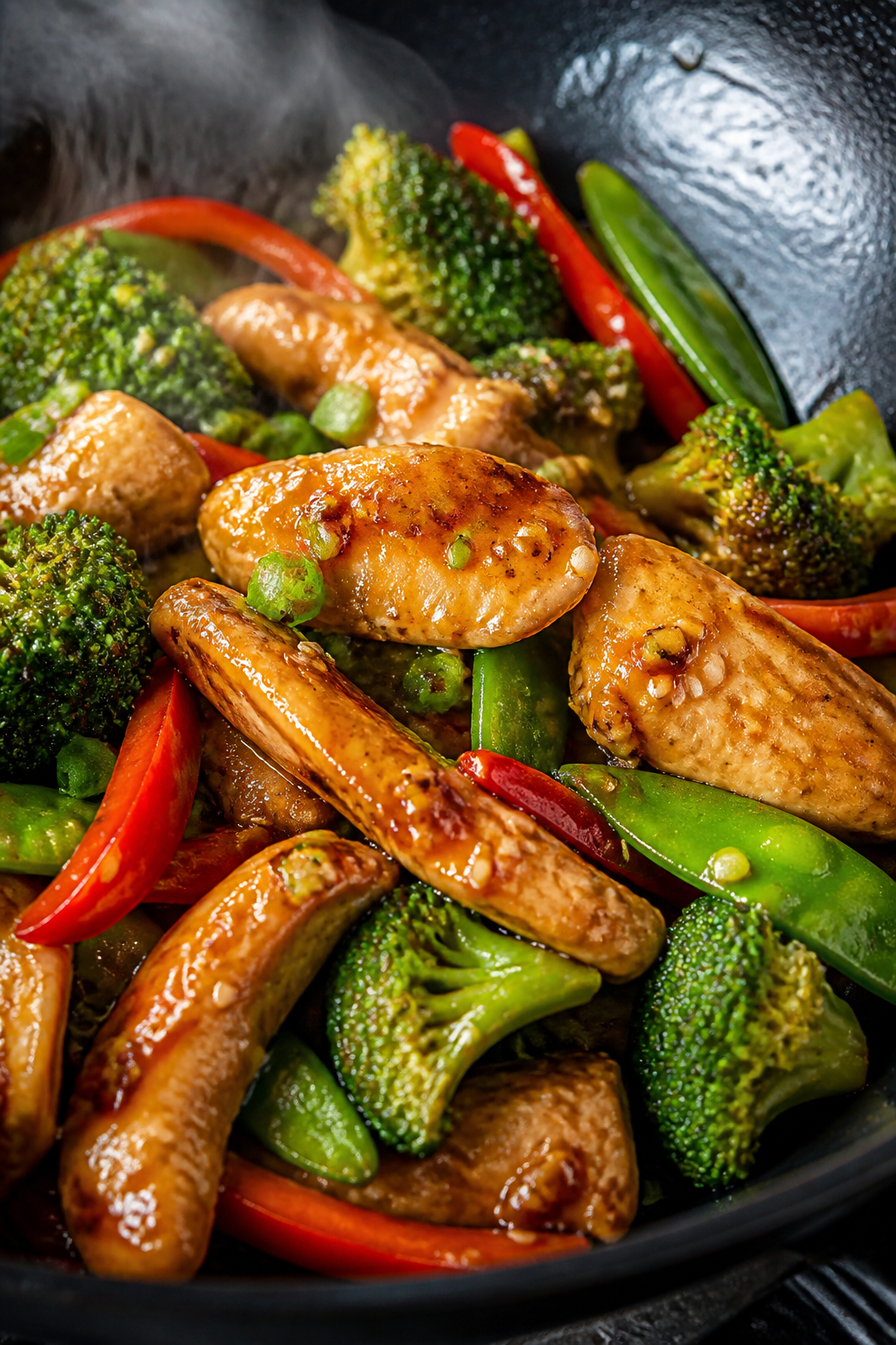 Close-up detail: Glazed chicken breast strips and snap peas in a wok mid-toss, sauce just thickened 