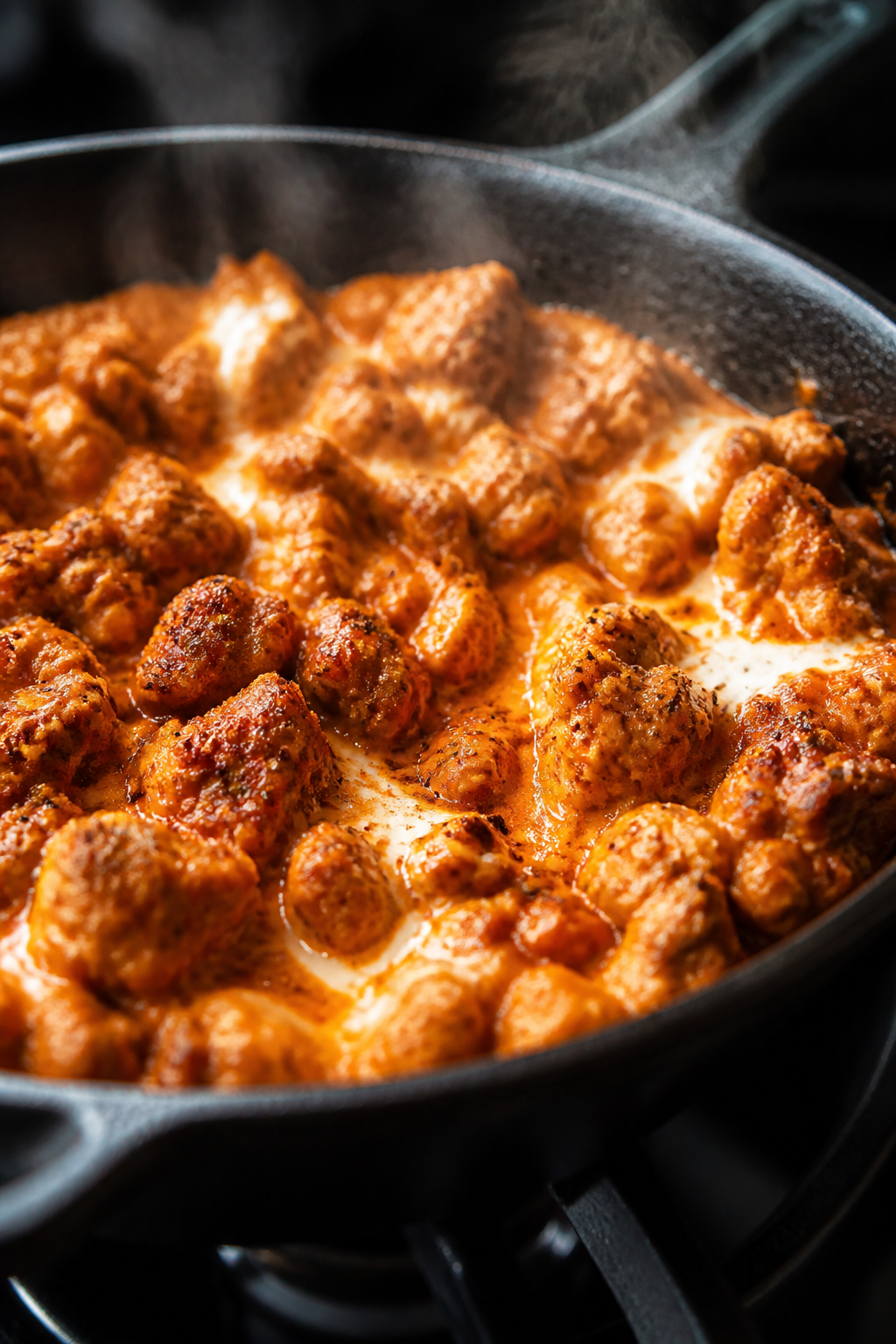 Close-up detail: Glossy buffalo-ranch ground turkey sizzling in a skillet, browned craggly edges cat