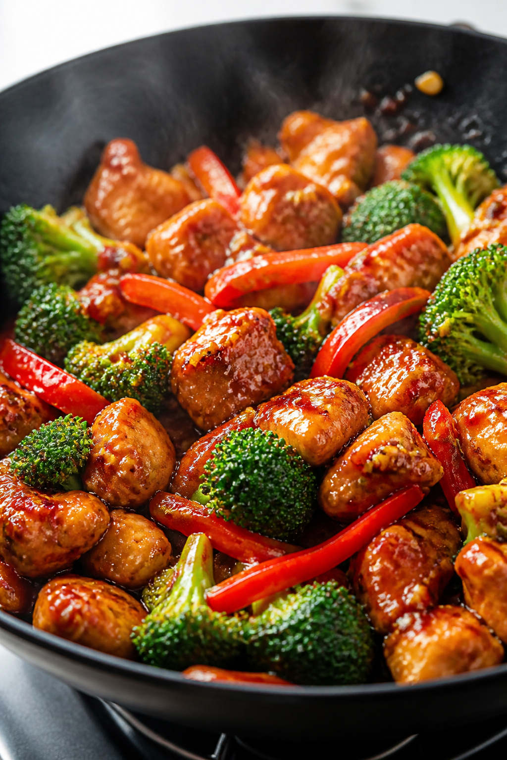Close-up detail: Glossy firecracker chicken cubes in a skillet mid-cook, sauce just thickened and cl