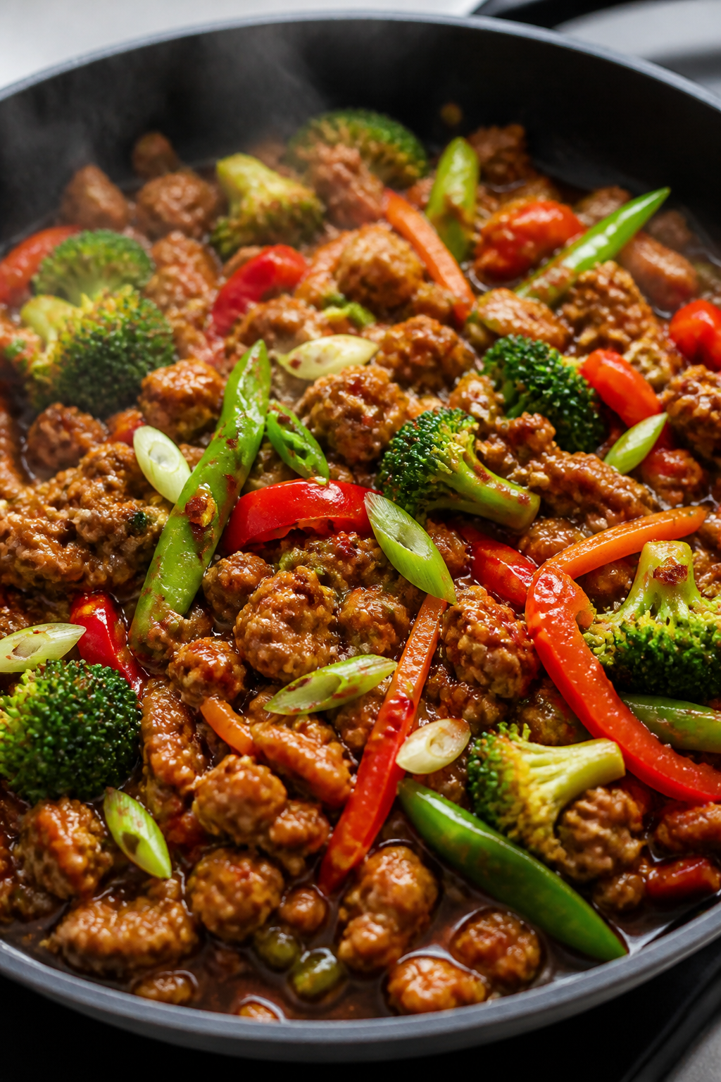 Close-up detail: Glossy ground turkey teriyaki simmering in a wide skillet, sauce thickened and clin