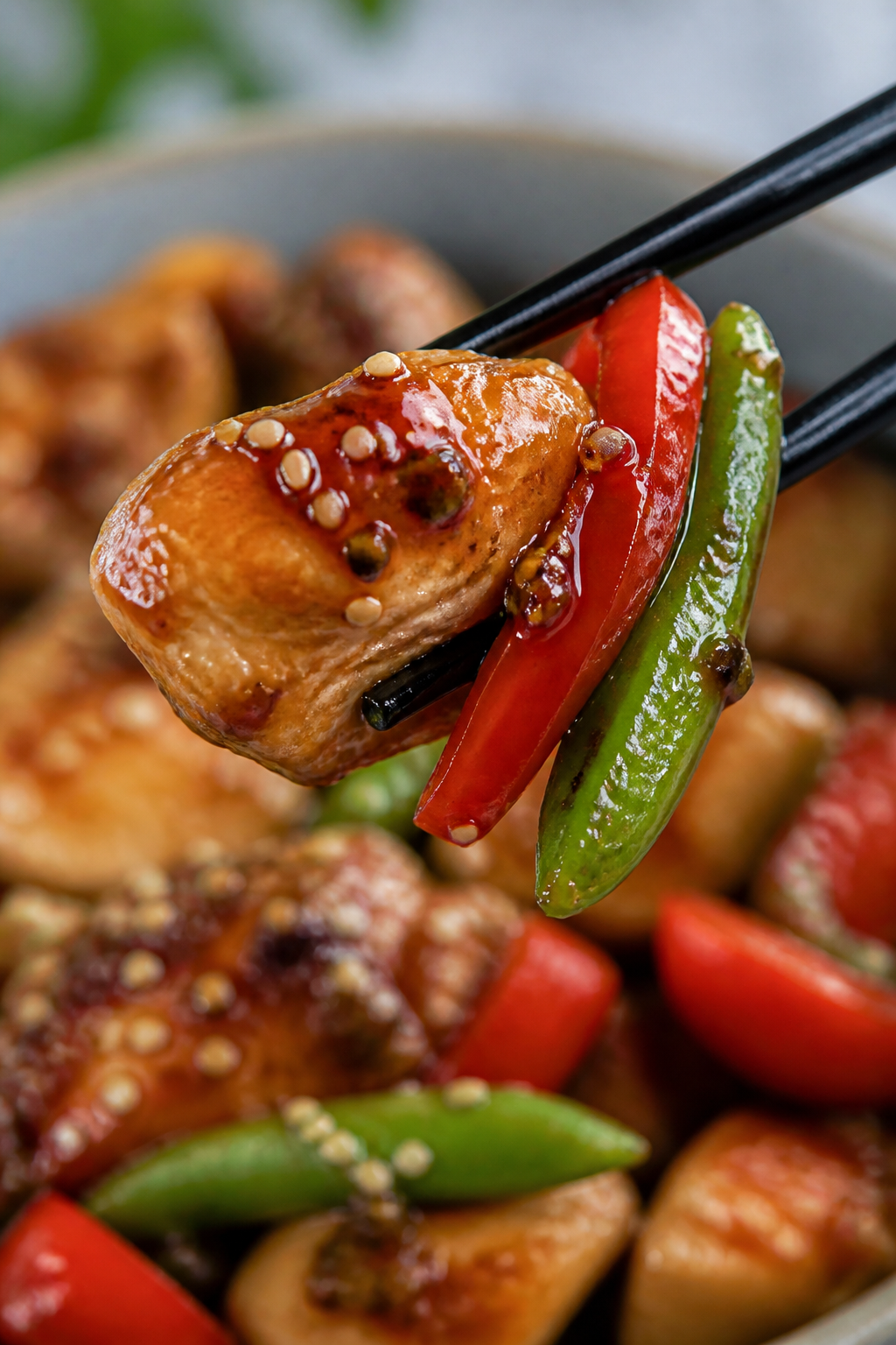 Close-up detail, glossy sauce cling: Macro close-up of a chopstick-lifted bite showing a piece of se