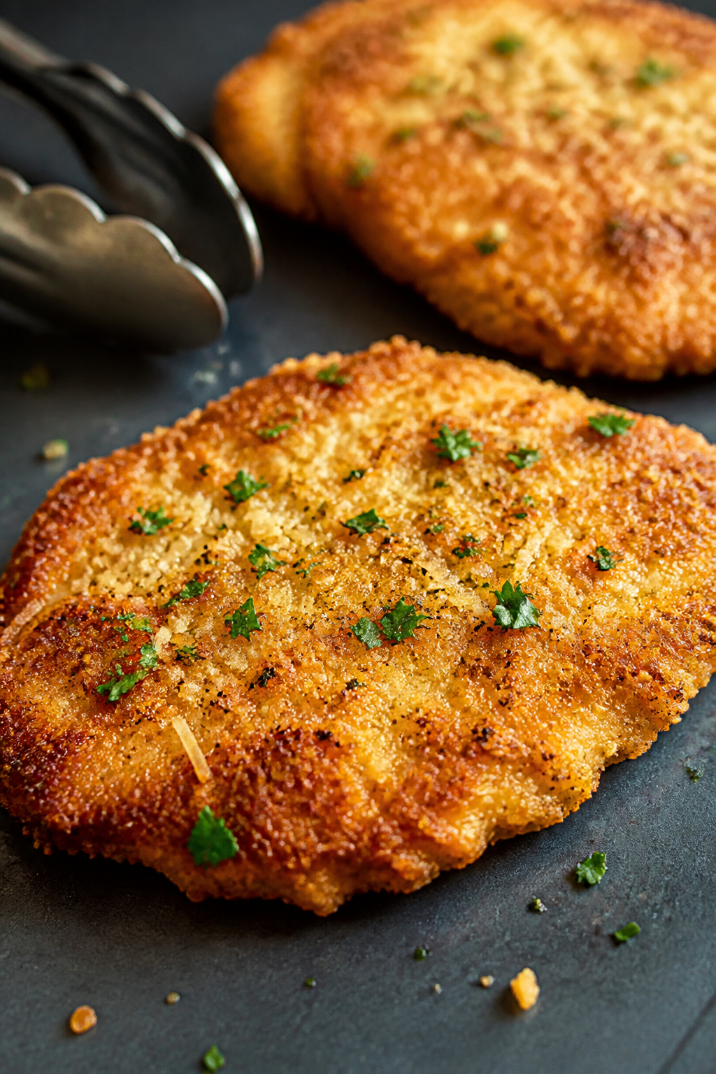 Close-up detail: Golden, air-fried Parmesan-crusted chicken cutlet just out of the basket, crust bub