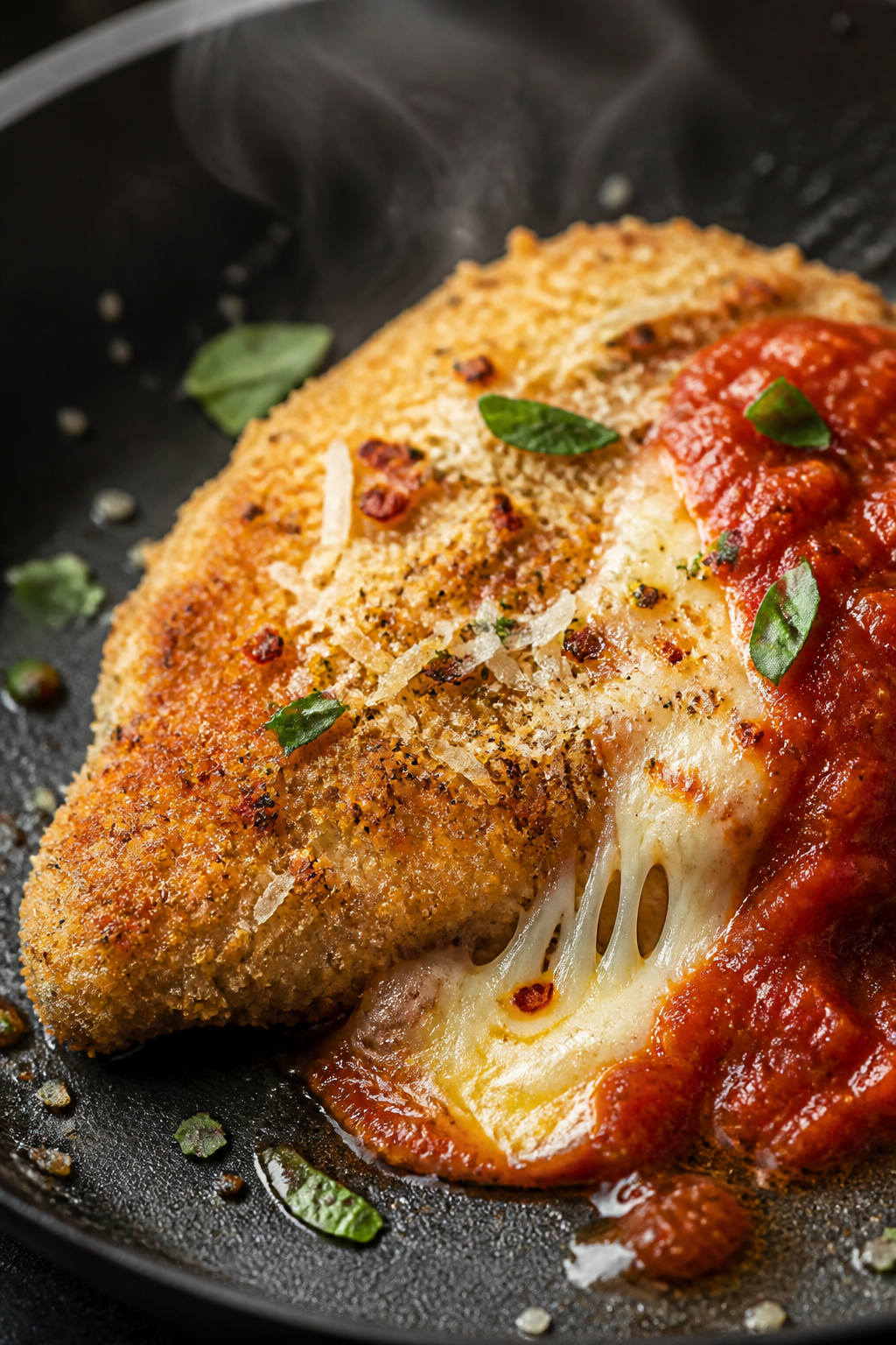 Close-up detail: Golden, breadcrumb-crusted chicken cutlet just after pan-searing, crisp panko side