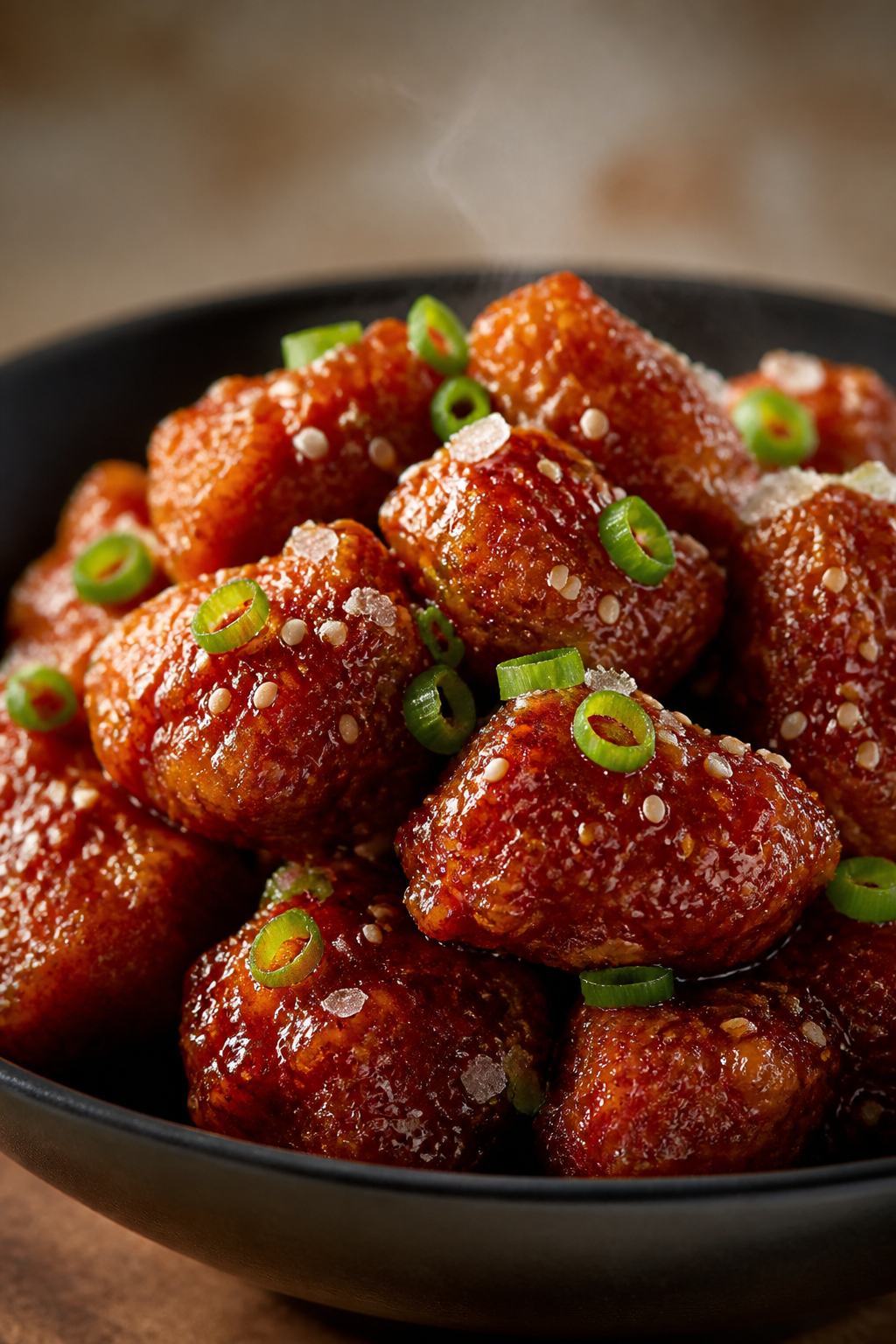 Close-up detail: Golden-brown air-fried hot honey chicken bites just after glazing, glistening with