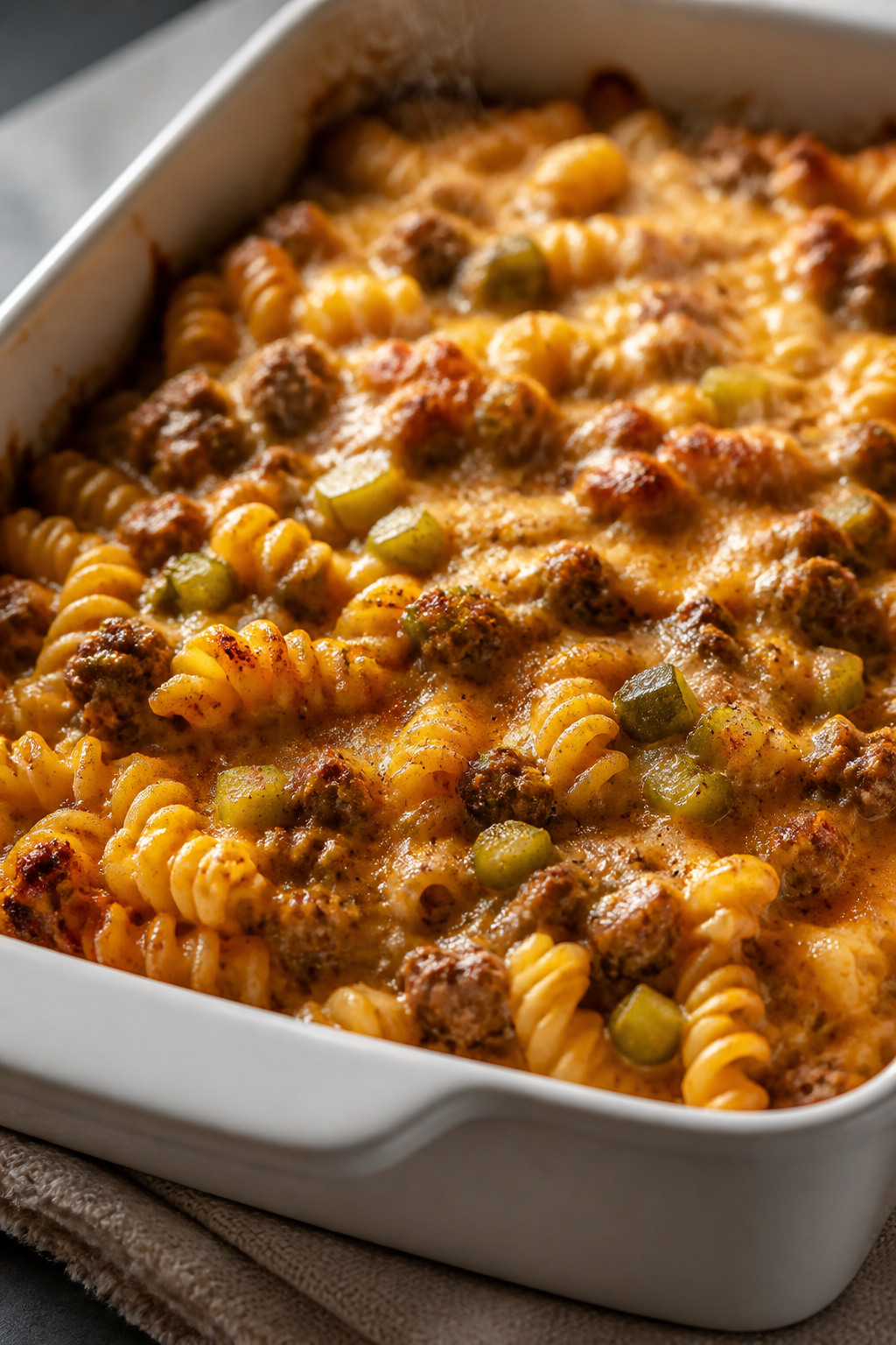 Close-up detail: Golden, bubbly cheeseburger casserole just out of the oven, cheese lightly browned