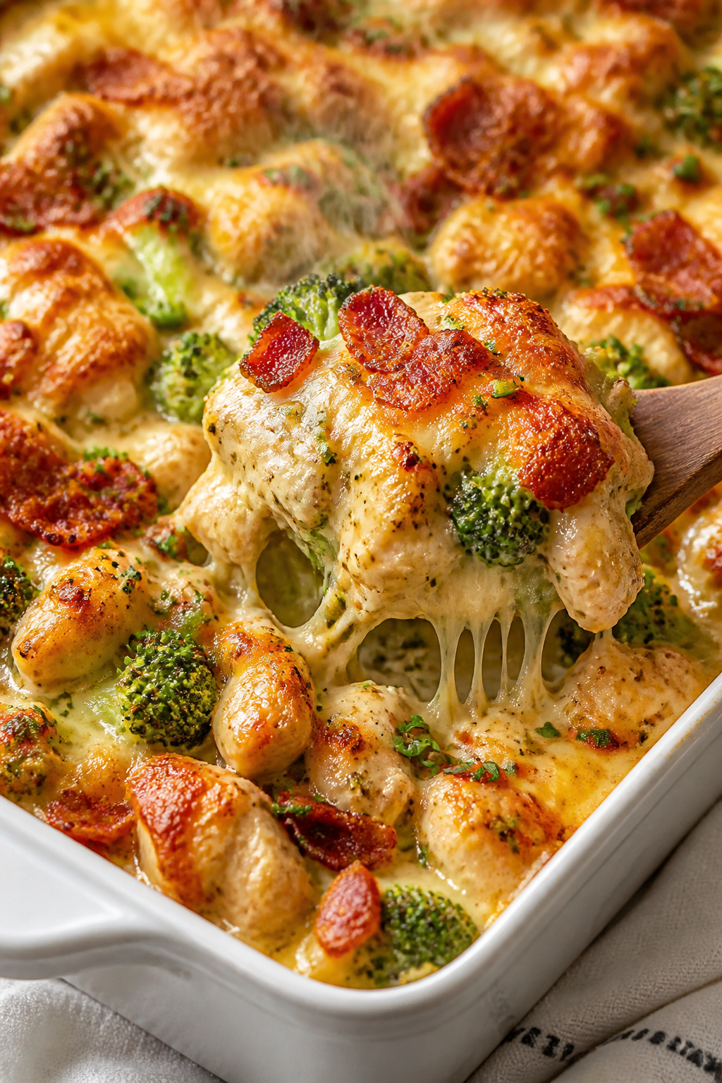 Close-up detail: Golden, bubbly Chicken Bacon Ranch Bake just out of the oven, cheese blistered with