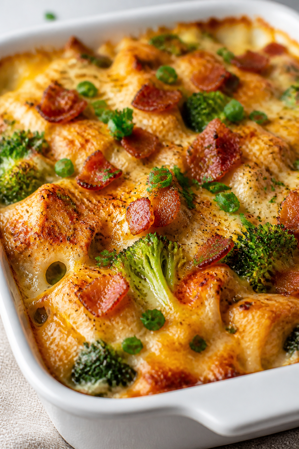 Close-up detail: Golden, bubbly Chicken Bacon Ranch Bake just out of the oven, tight focus on crispe
