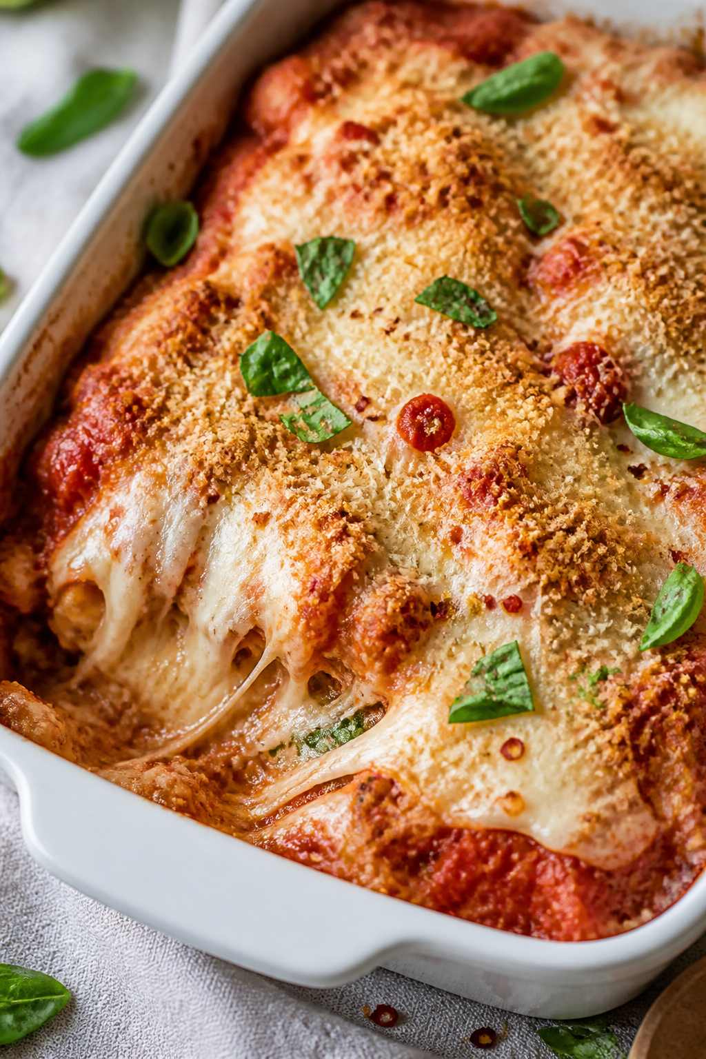 Close-up detail: Golden, bubbly Chicken Parmesan Casserole just out of the oven, showing stretchy me