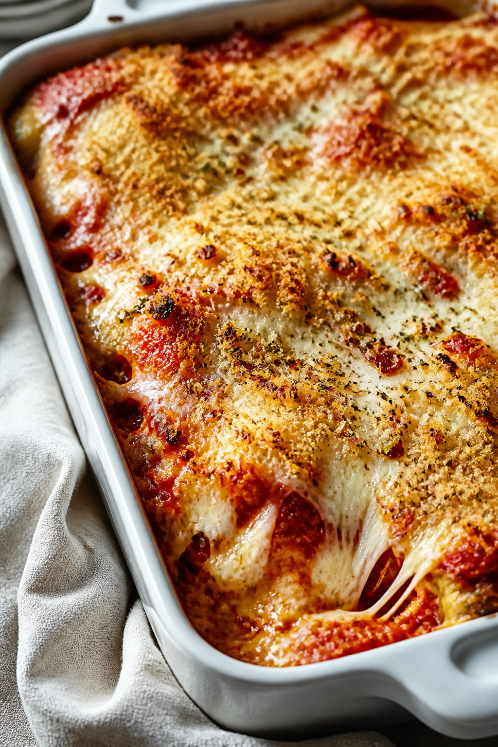 Close-up detail: Golden, bubbly Chicken Parmesan Protein Bake just out of the oven, showing crisp pa