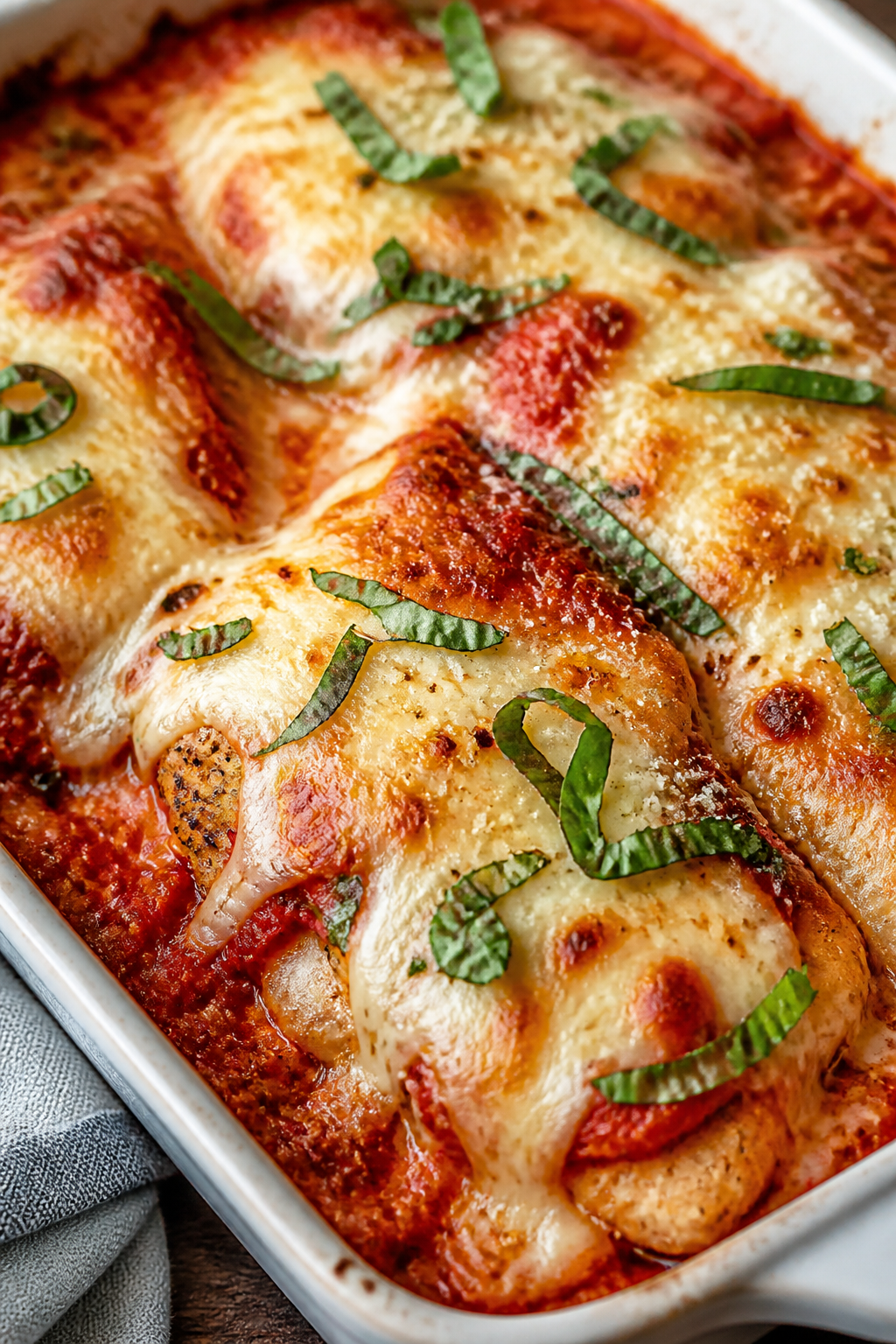Close-up detail: Golden, bubbly Low Carb Chicken Parmesan Bake just out of the oven, cheese blistere