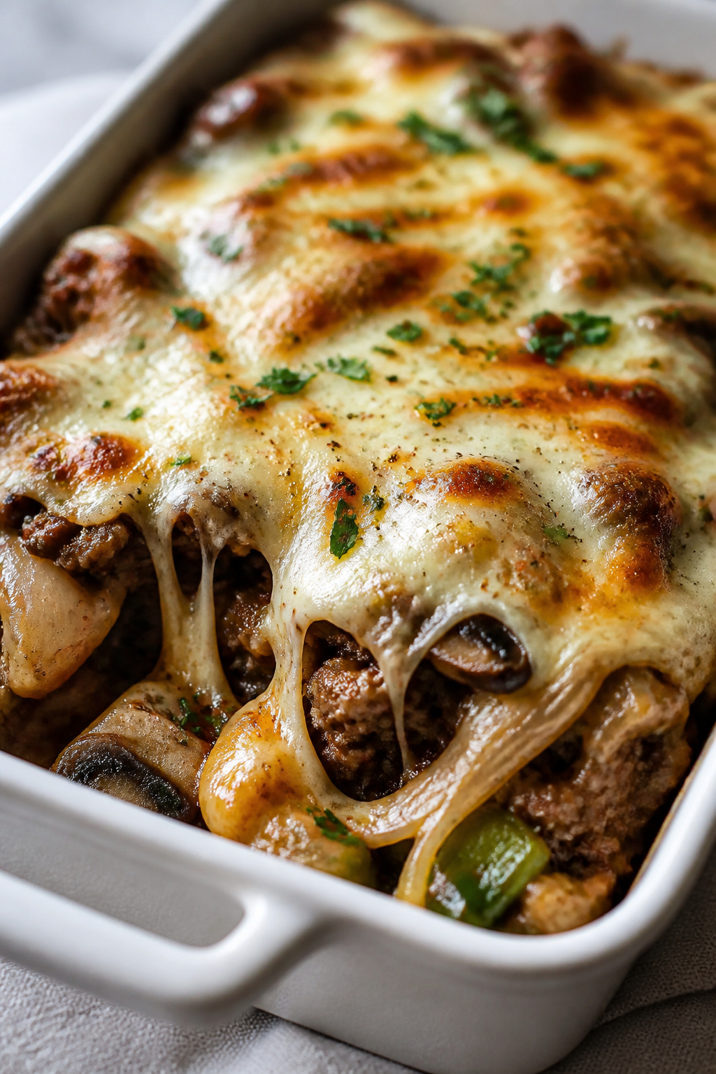 Close-up detail: Golden-bubbly Philly Cheesesteak Casserole just out of the oven, tight shot of melt