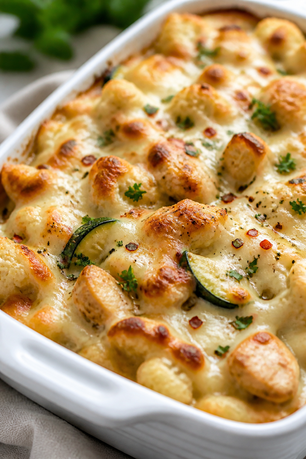 Close-up detail: Golden, bubbly top of a Low Carb Chicken Alfredo Bake just out of the oven, mozzare