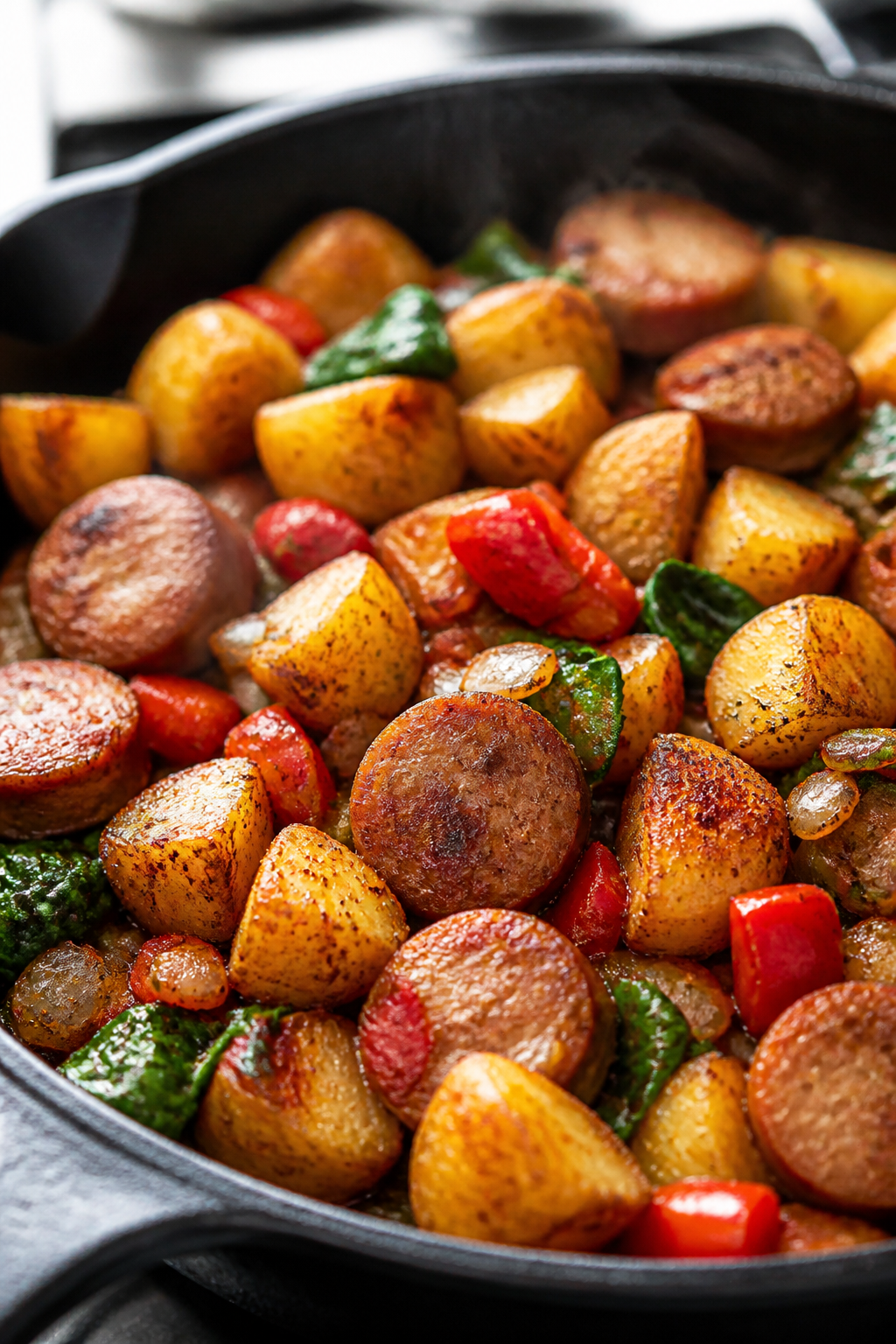 Close-up detail: Golden, crispy diced baby potatoes and browned turkey sausage sizzling together in