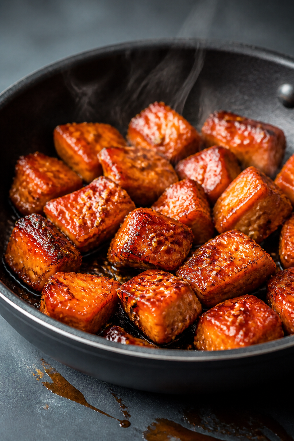 Close-up detail: Golden, crispy honey sriracha salmon bites just after glazing in a nonstick skillet