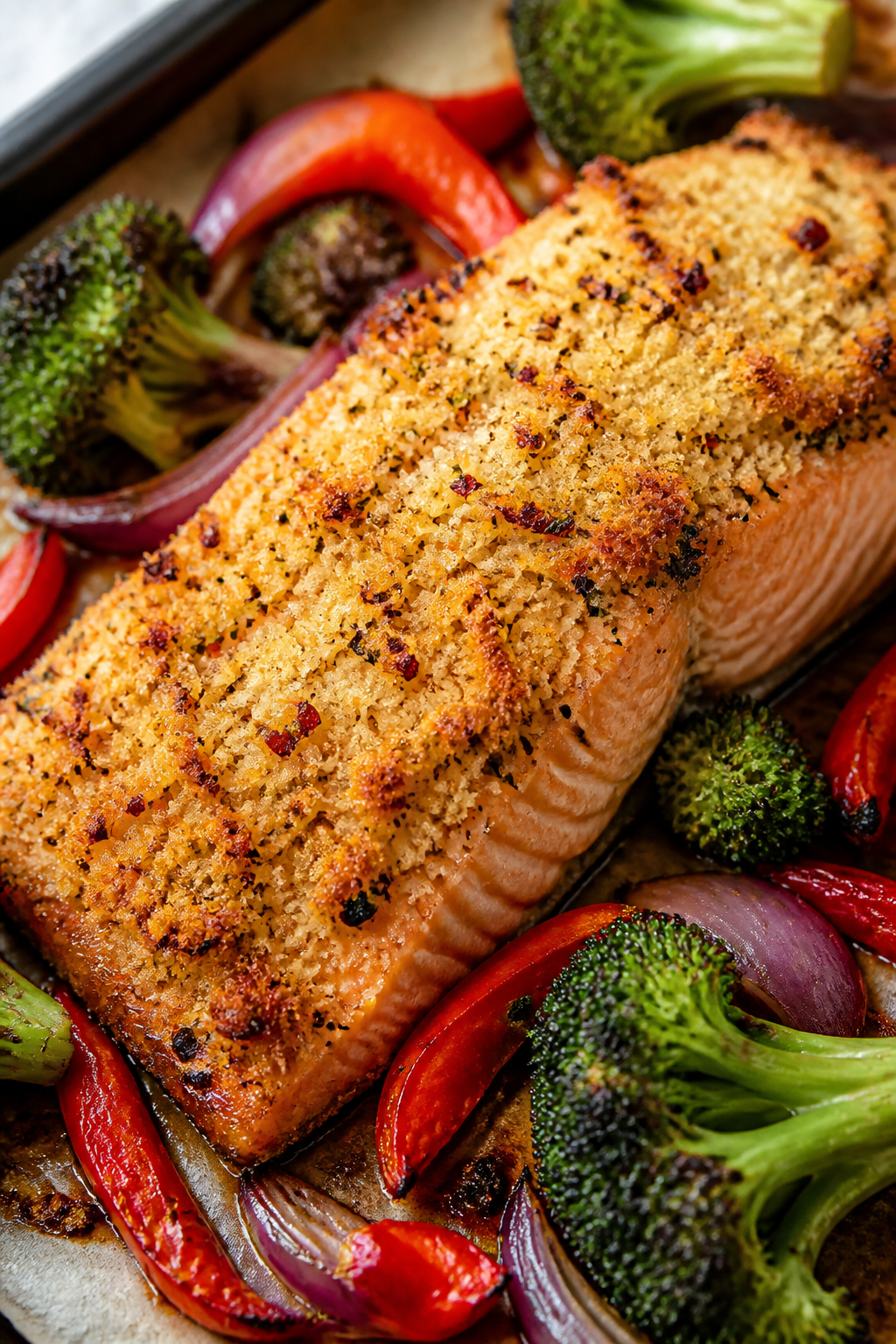 Close-up detail: Golden garlic-Parmesan crust on just-roasted salmon fillet nestled among caramelize