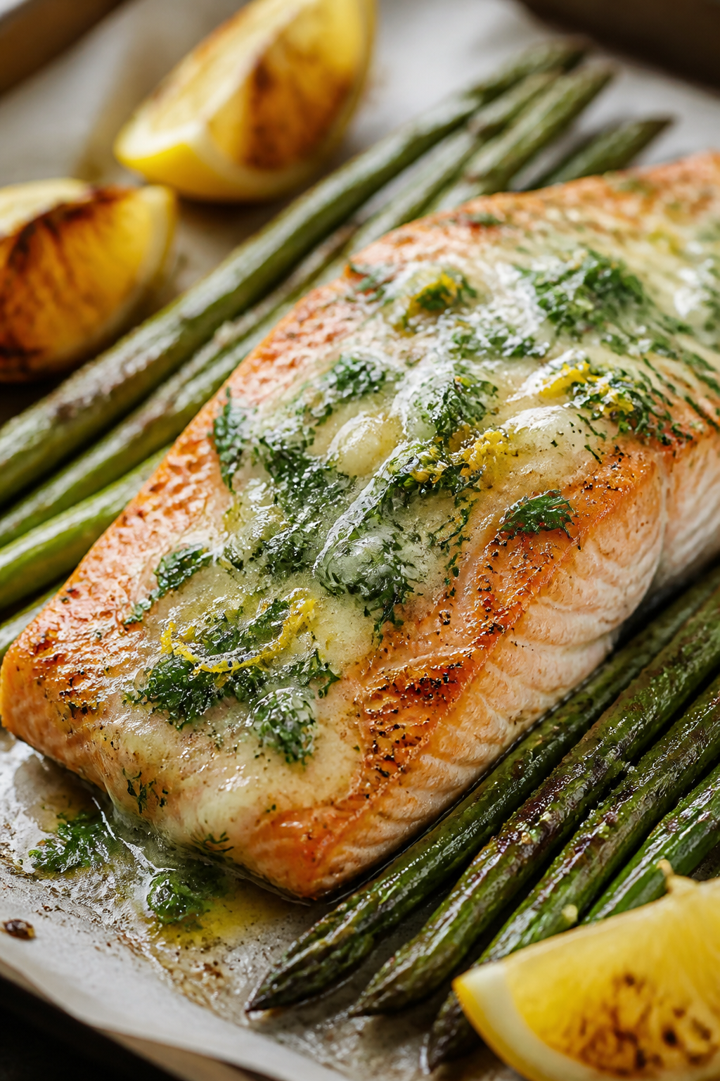 Close-up detail: Golden, oven-roasted salmon fillet just out of the oven, crowned with melting garli