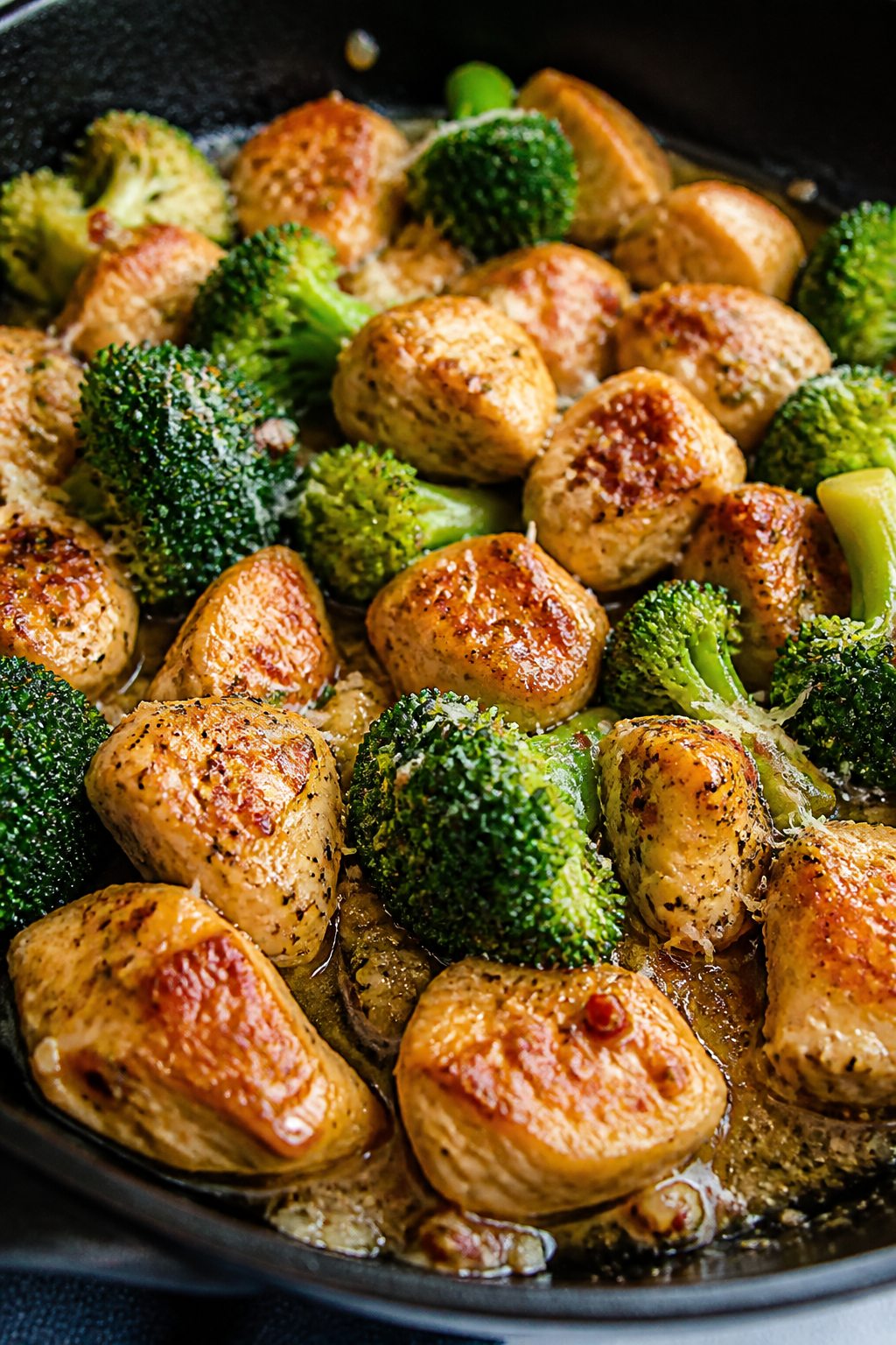 Close-up detail: Golden-seared chicken bites in a skillet, glistening in a buttery garlic sauce with