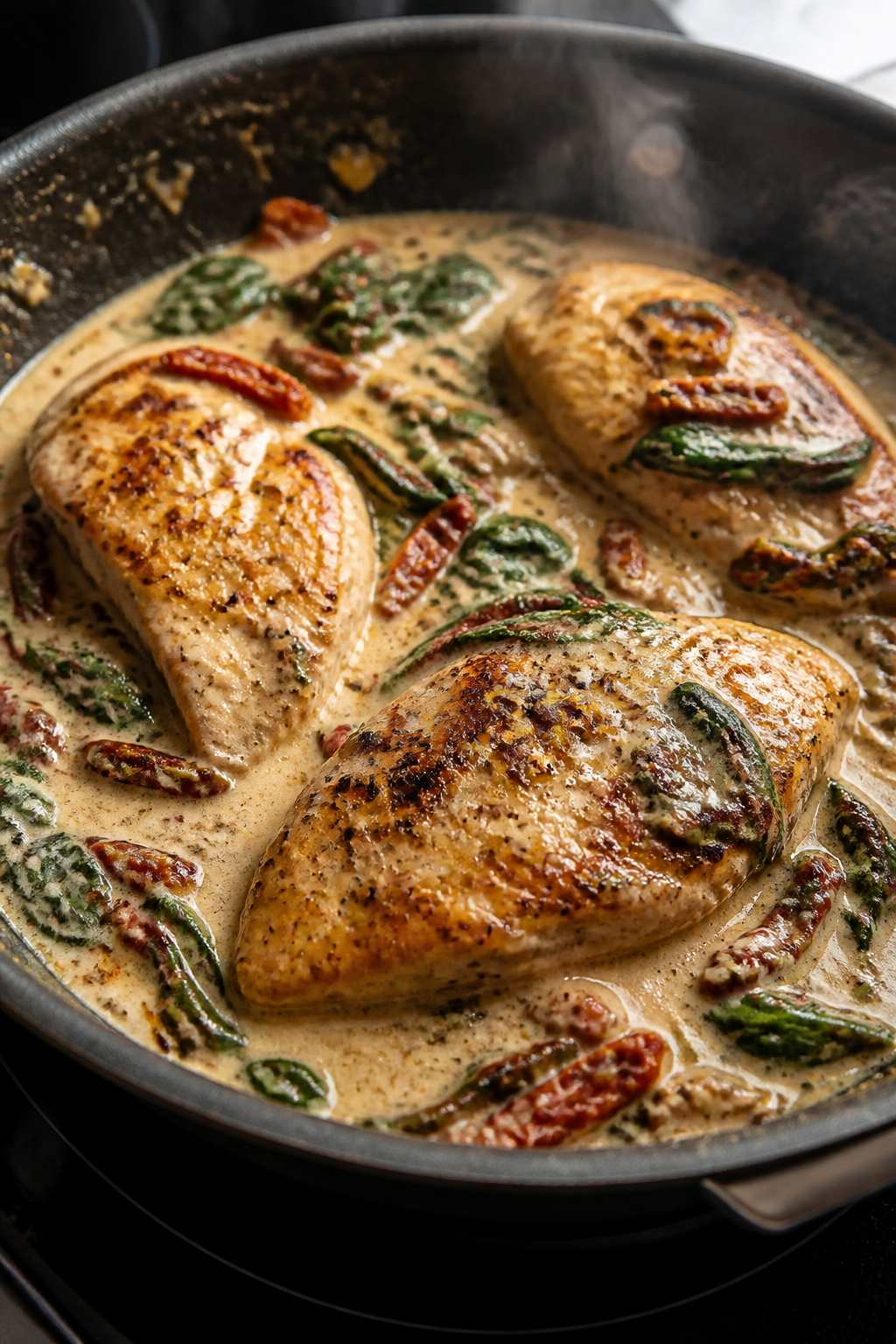 Close-up detail: Golden-seared chicken breasts simmering in a creamy Tuscan sauce in a large skillet