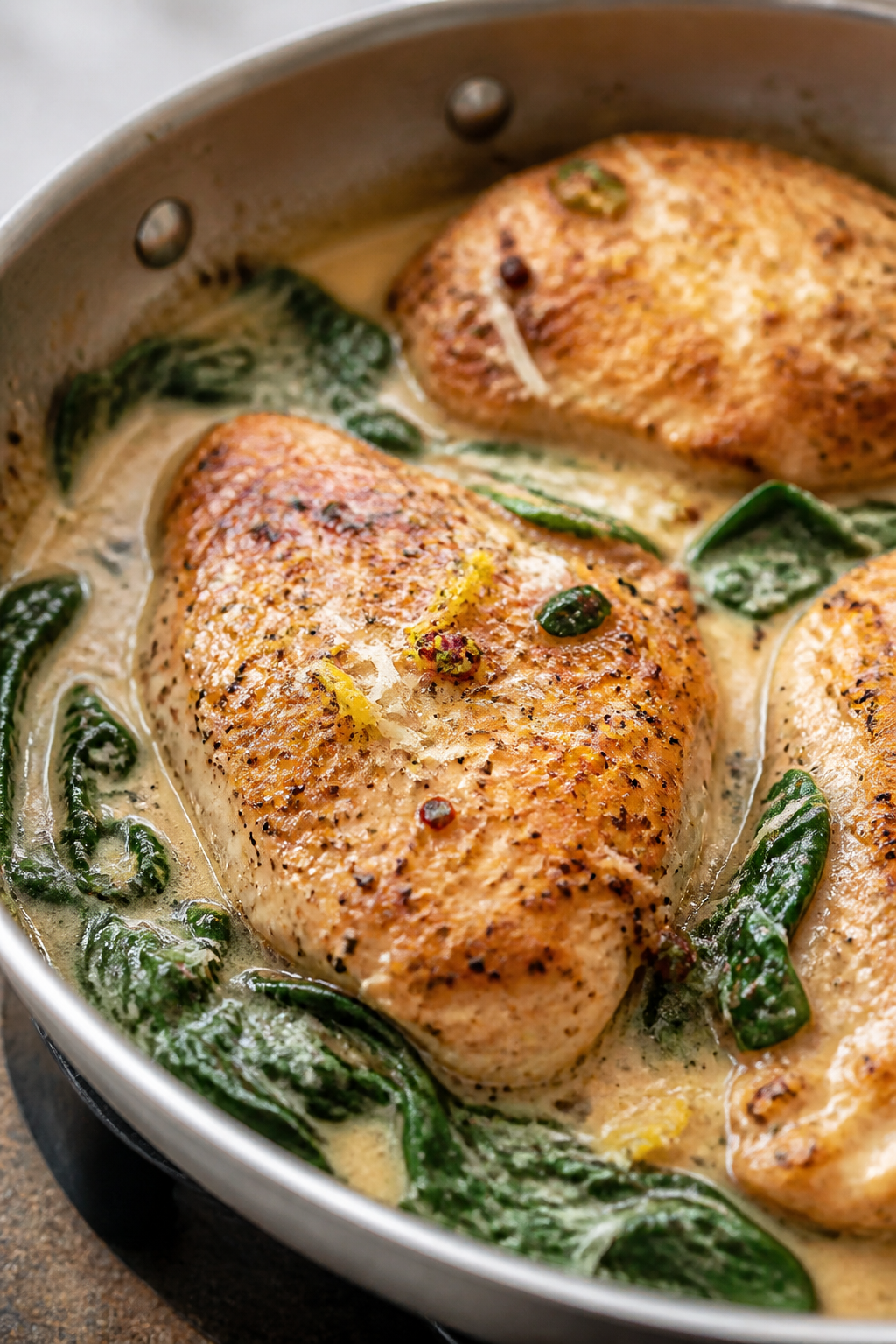 Close-up detail: Golden-seared chicken cutlets nestled in a bubbling creamy garlic-Parmesan sauce, s