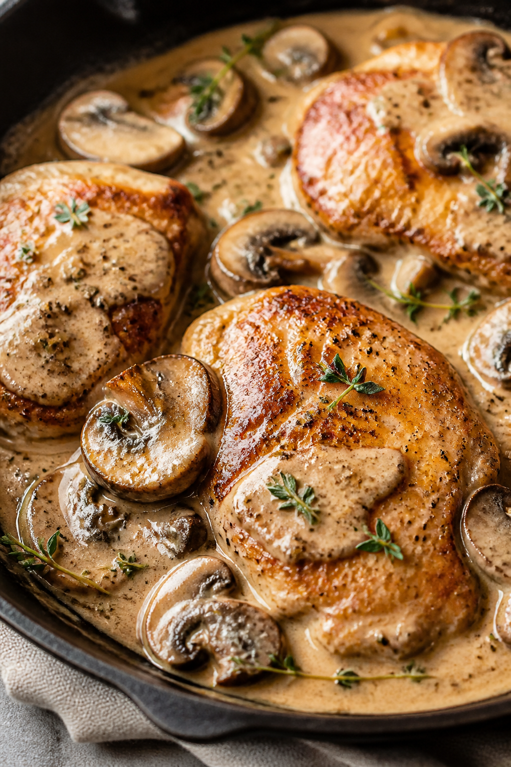 Close-up detail: Golden-seared chicken nestled in a creamy mushroom sauce in a skillet, showing cara