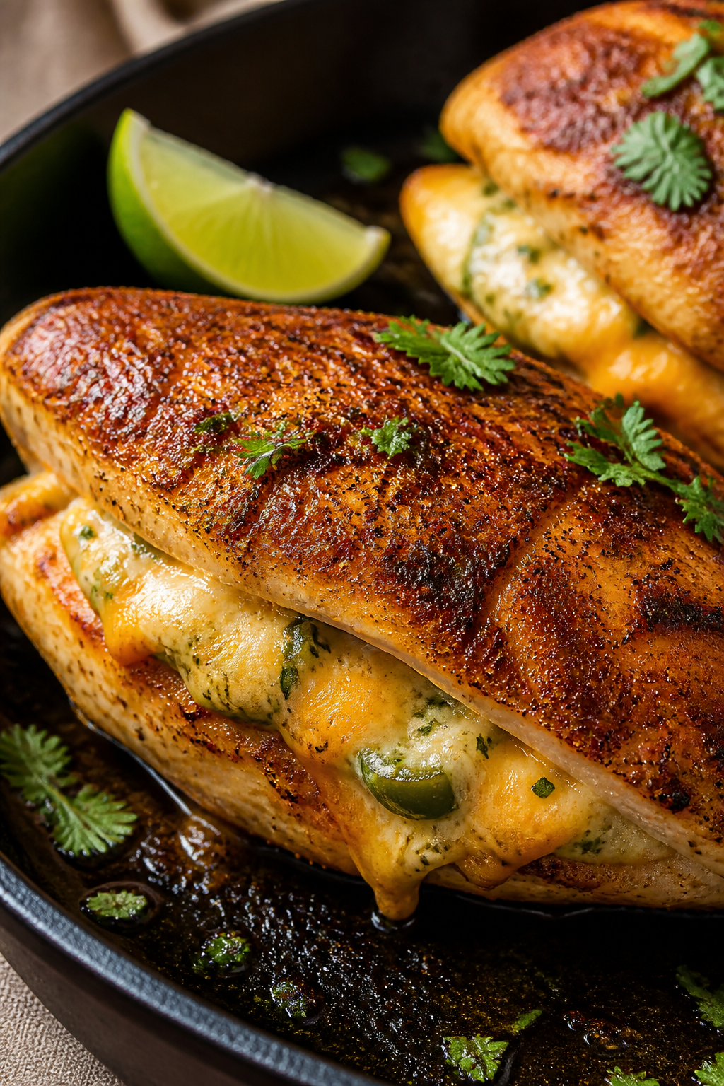Close-up detail: Golden-seared jalapeño cheddar stuffed chicken breast in an oven-safe skillet, the
