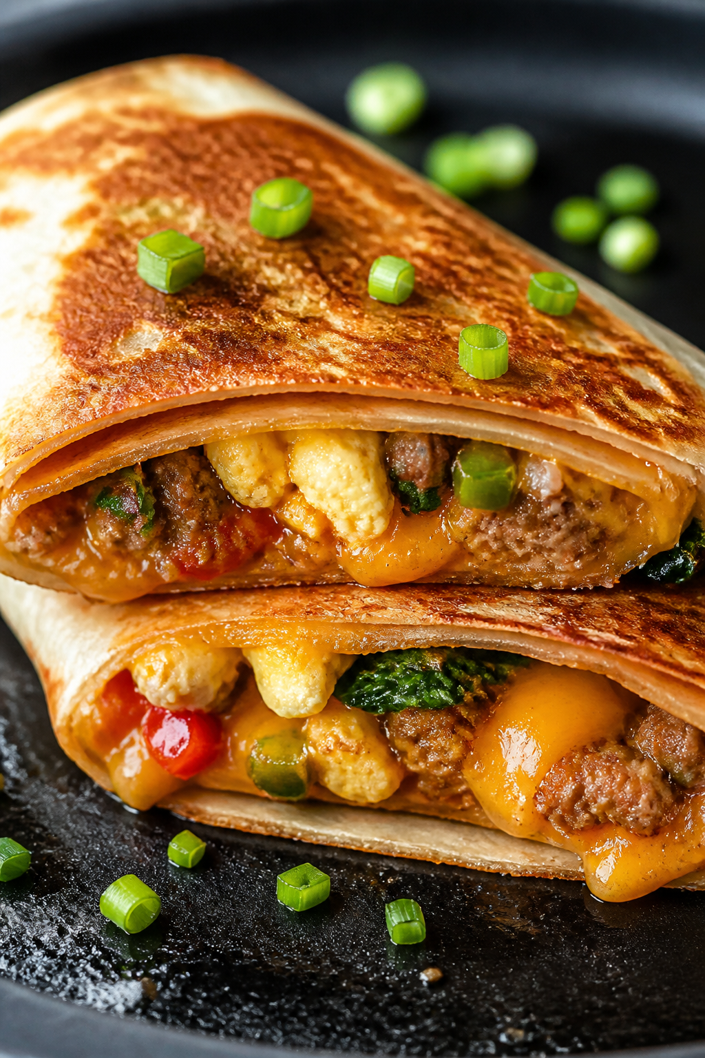 Close-up detail: Golden, skillet-toasted breakfast crunch wrap half, seam-side crisped and blistered
