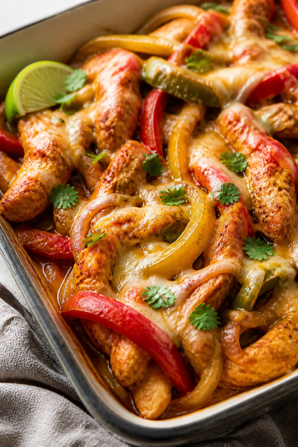Close-up detail: Golden, tender chicken strips nestled with roasted red, yellow, and green bell pepp