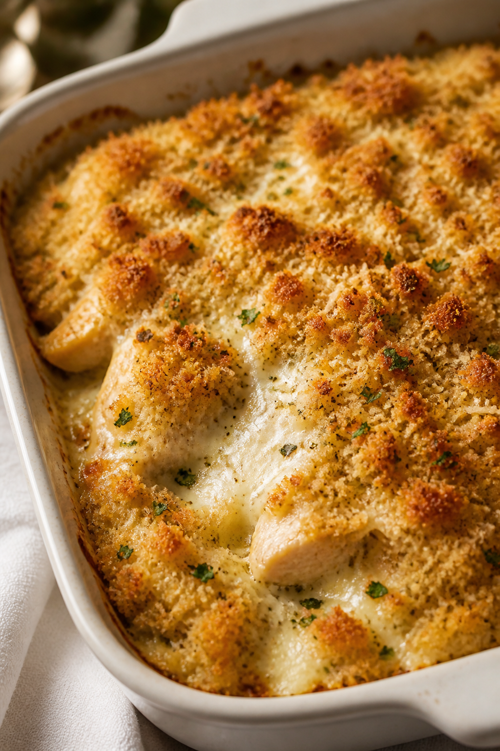 Close-up detail: Golden-topped Chicken Caesar Protein Casserole just out of the oven, bubbling edges