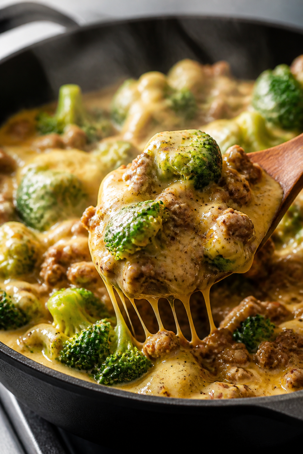 Close-up detail: Gooey, creamy cheese sauce clinging to browned ground beef and bright, crisp-tender