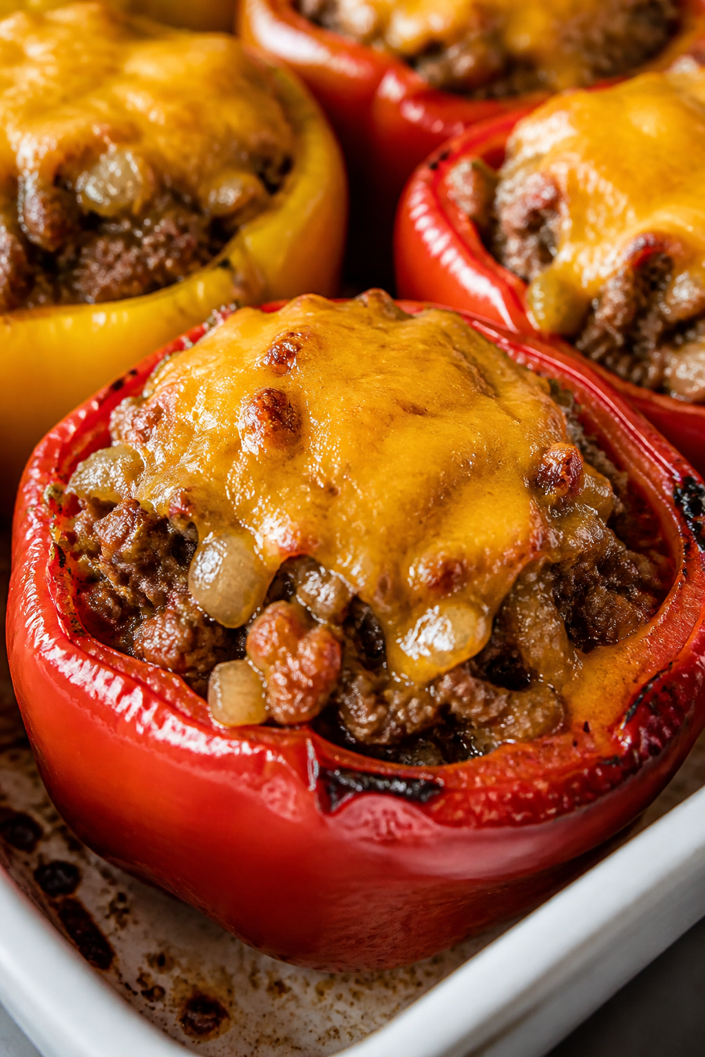 Close-up detail: Gooey, golden-melted reduced-fat cheddar crowning cheeseburger-stuffed red and yell