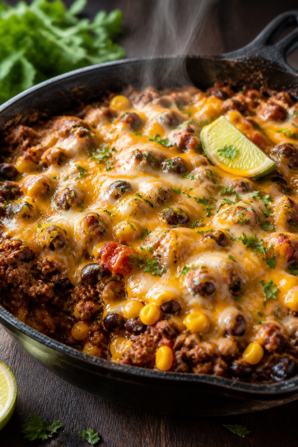 Close-up detail: Gooey, just-melted Mexican blend cheese blanketing a sizzling taco cauliflower rice