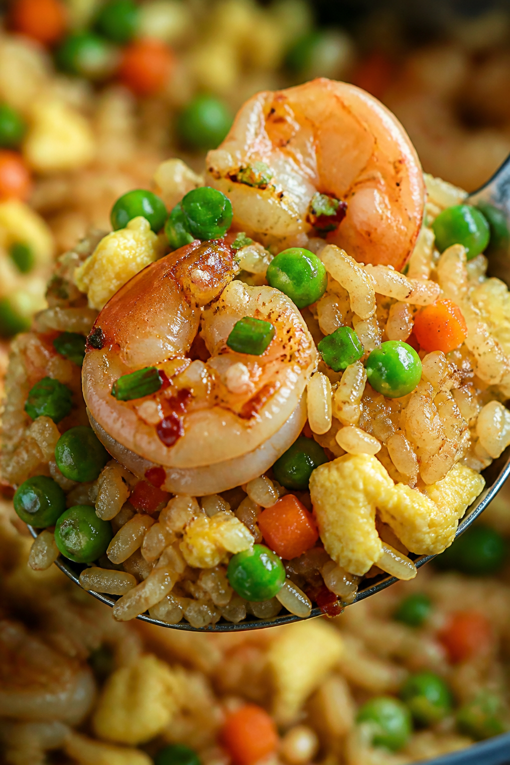 Close-up detail — High-protein bites: Ultra close-up of a heaping spoonful of finished shrimp frie