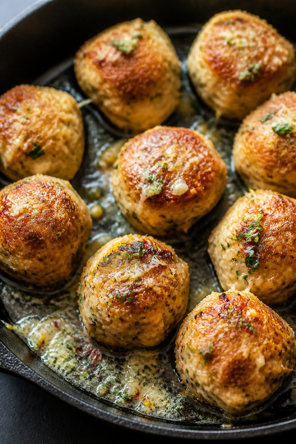 Close-up detail: Juicy Garlic Parmesan chicken meatballs just out of the skillet, golden-brown seare