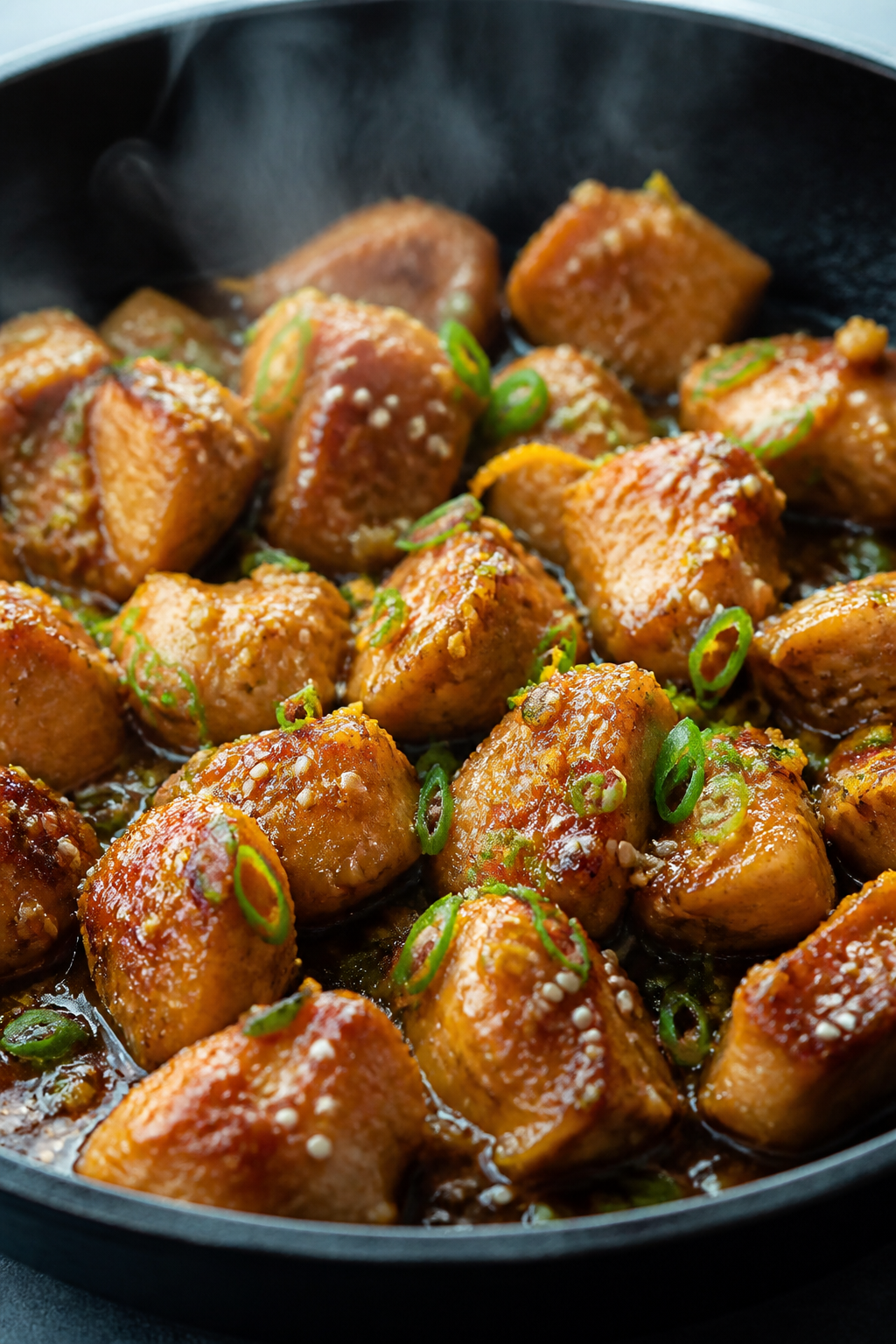 Close-up detail: Juicy orange chicken just after tossing in the glossy citrus-soy sauce, bite-size s