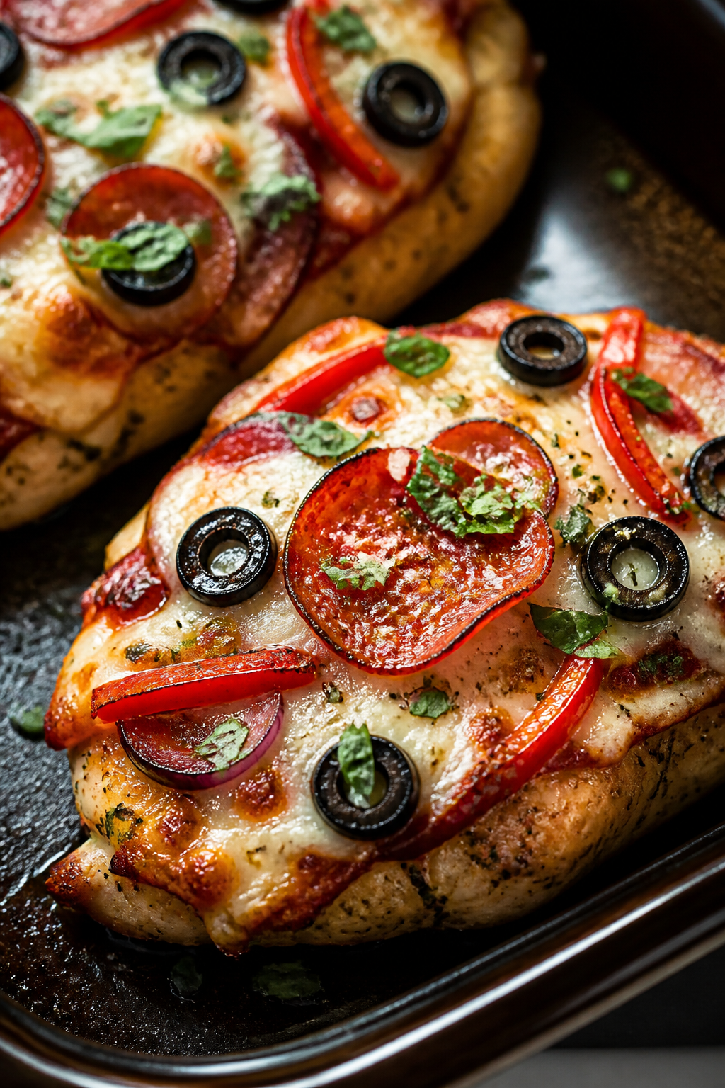 Close-up detail: Juicy, oven-baked chicken breast topped like a pizza—bubbly, golden mozzarella wi