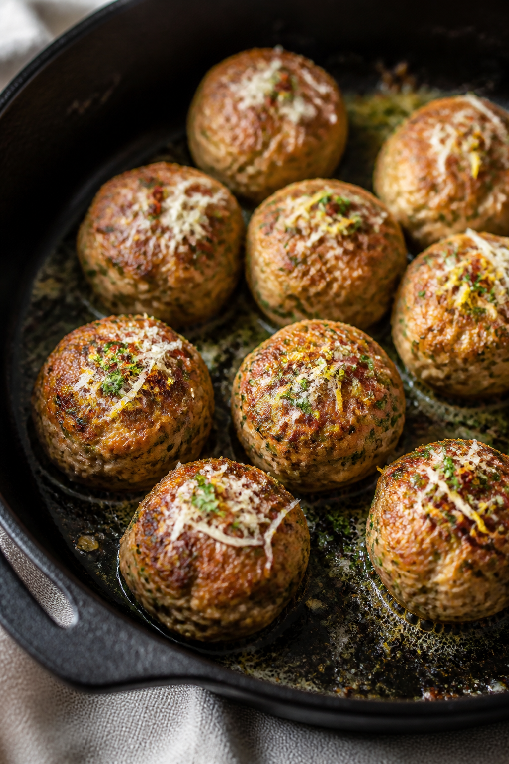 Close-up detail: Juicy, pan-seared garlic Parmesan turkey meatballs sizzling in a cast-iron skillet,