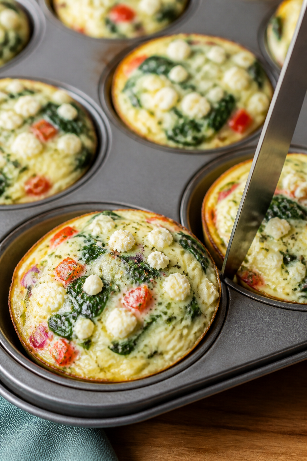 Close-up detail: Just-baked spinach feta egg white muffins resting in a nonstick muffin pan, edges l