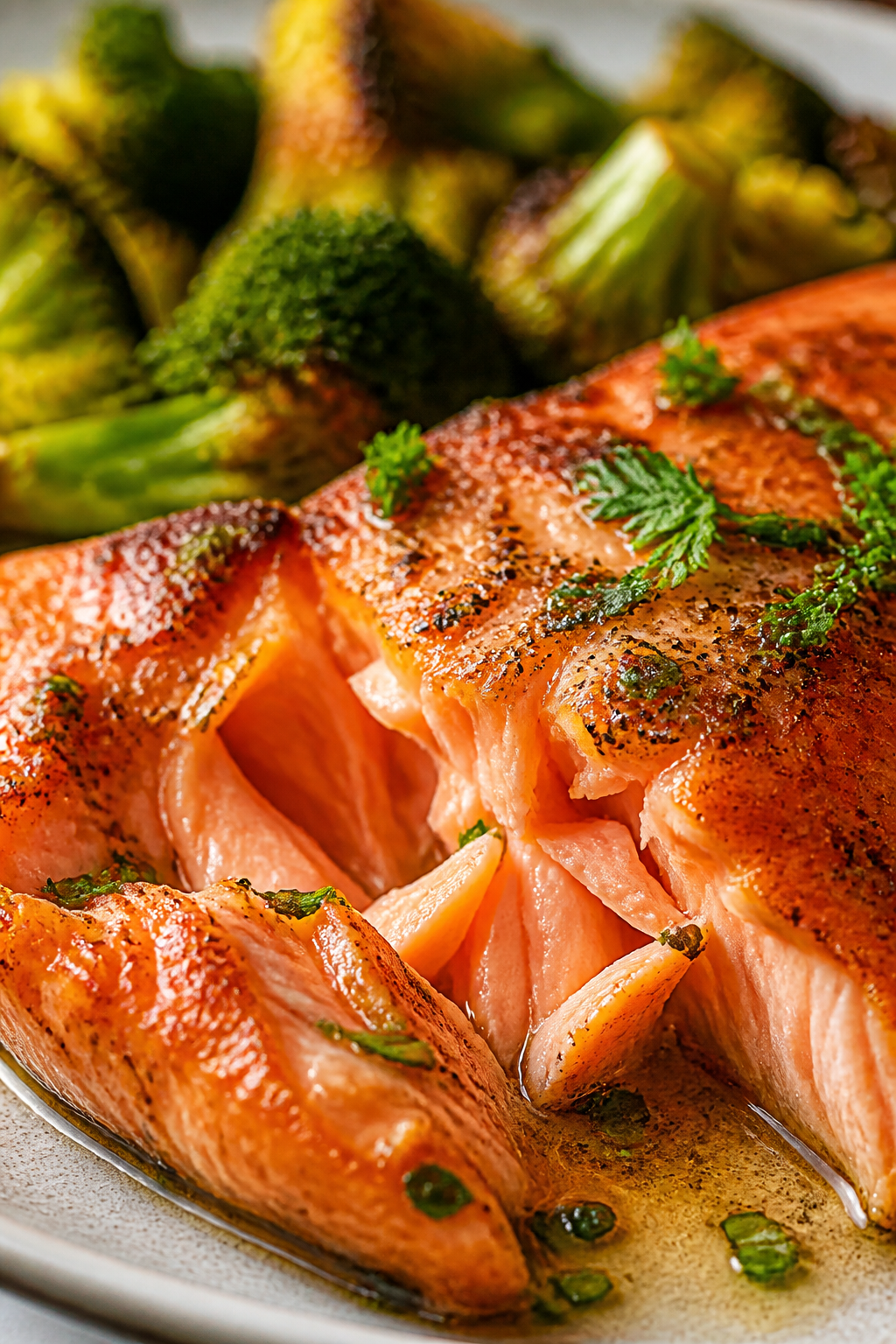 Close-up detail, macro focus: Flaky, medium-cooked salmon with glistening garlic butter caught in th