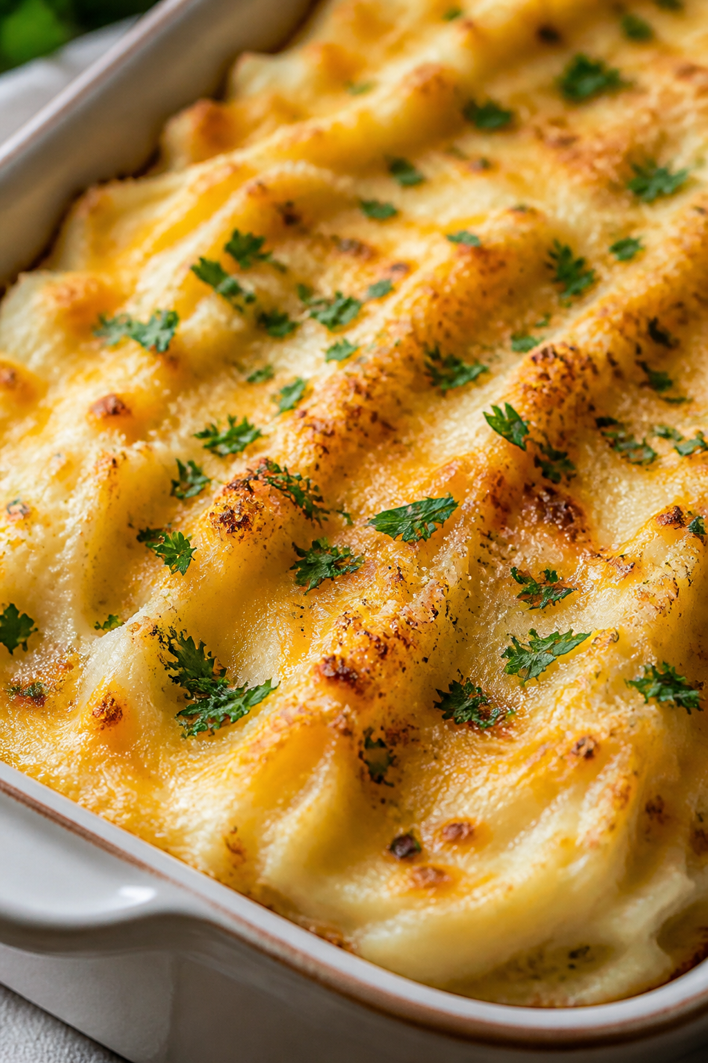 Close-up detail ā mashed topping: Ultra-creamy potatoācauliflower mash swirled over the casserol