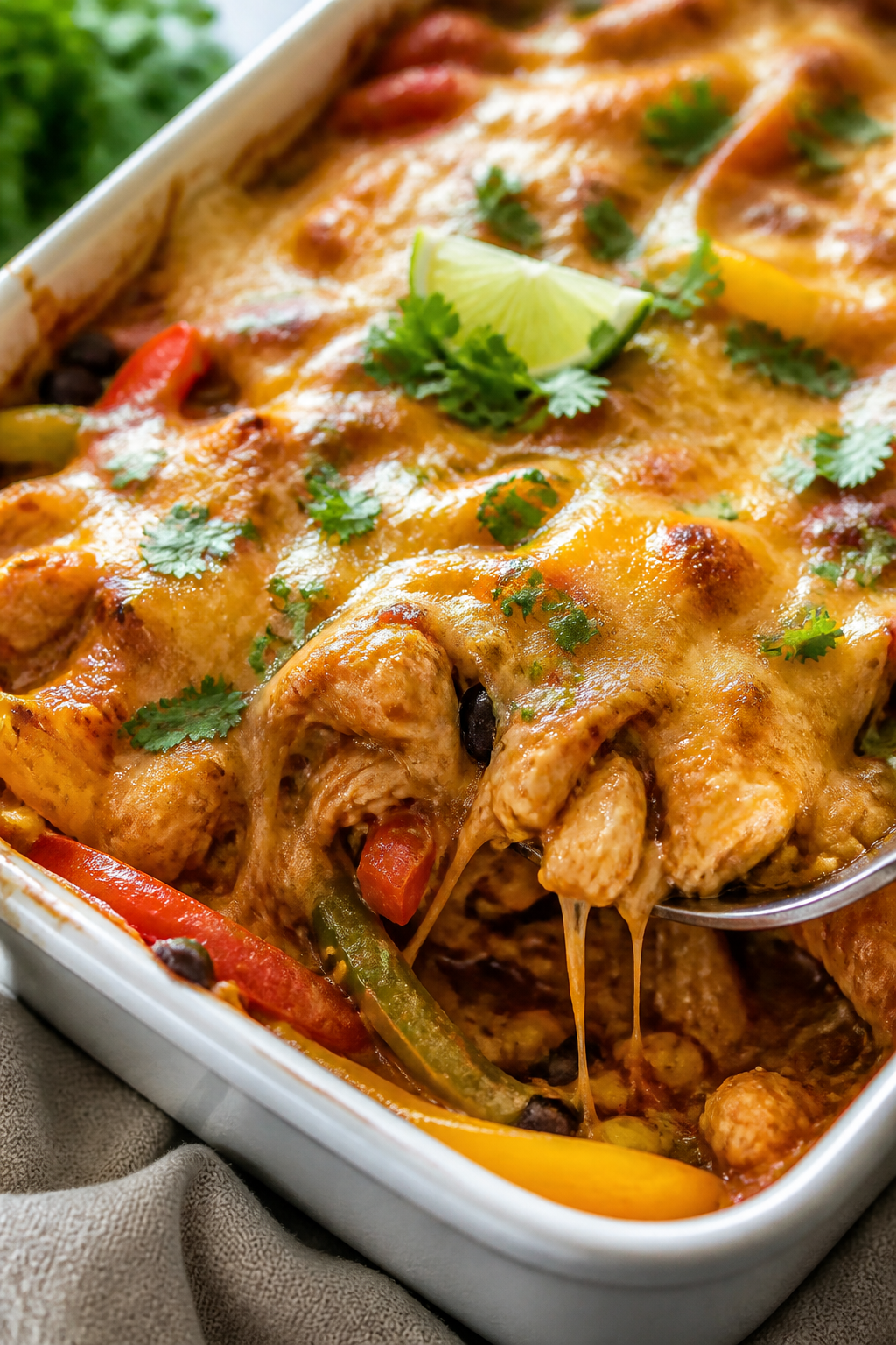 Close-up detail: Melty, golden-bubbly cheese blanket on a just-broiled Loaded Chicken Fajita Cassero