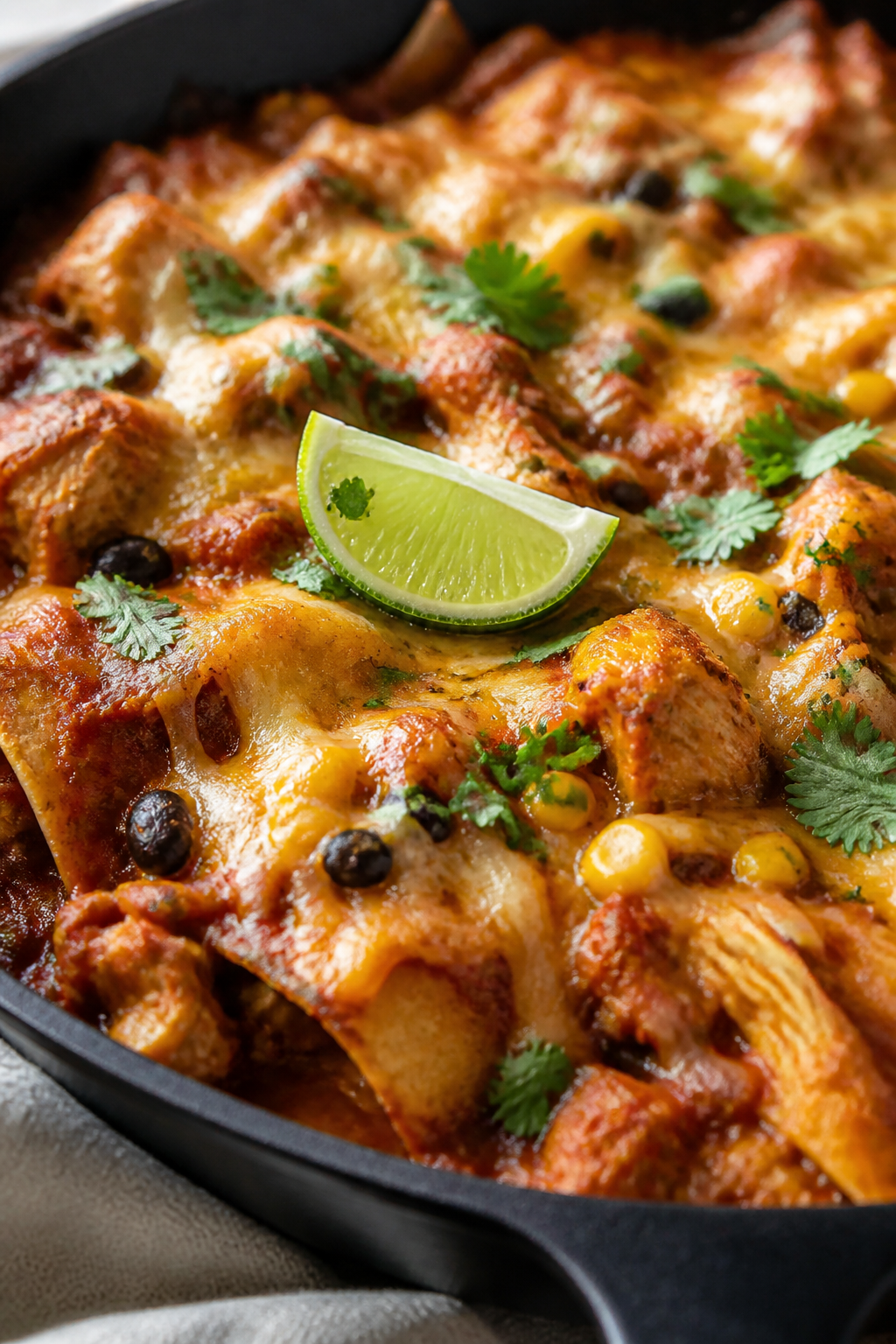 Close-up detail: molten cheese-topped chicken enchilada skillet just after broiling, showing bubbly