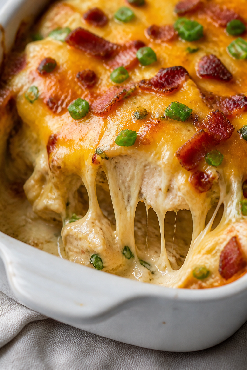 Close-up detail: Molten, golden-bubbly Million Dollar Keto Chicken Bake just out of the oven, with s