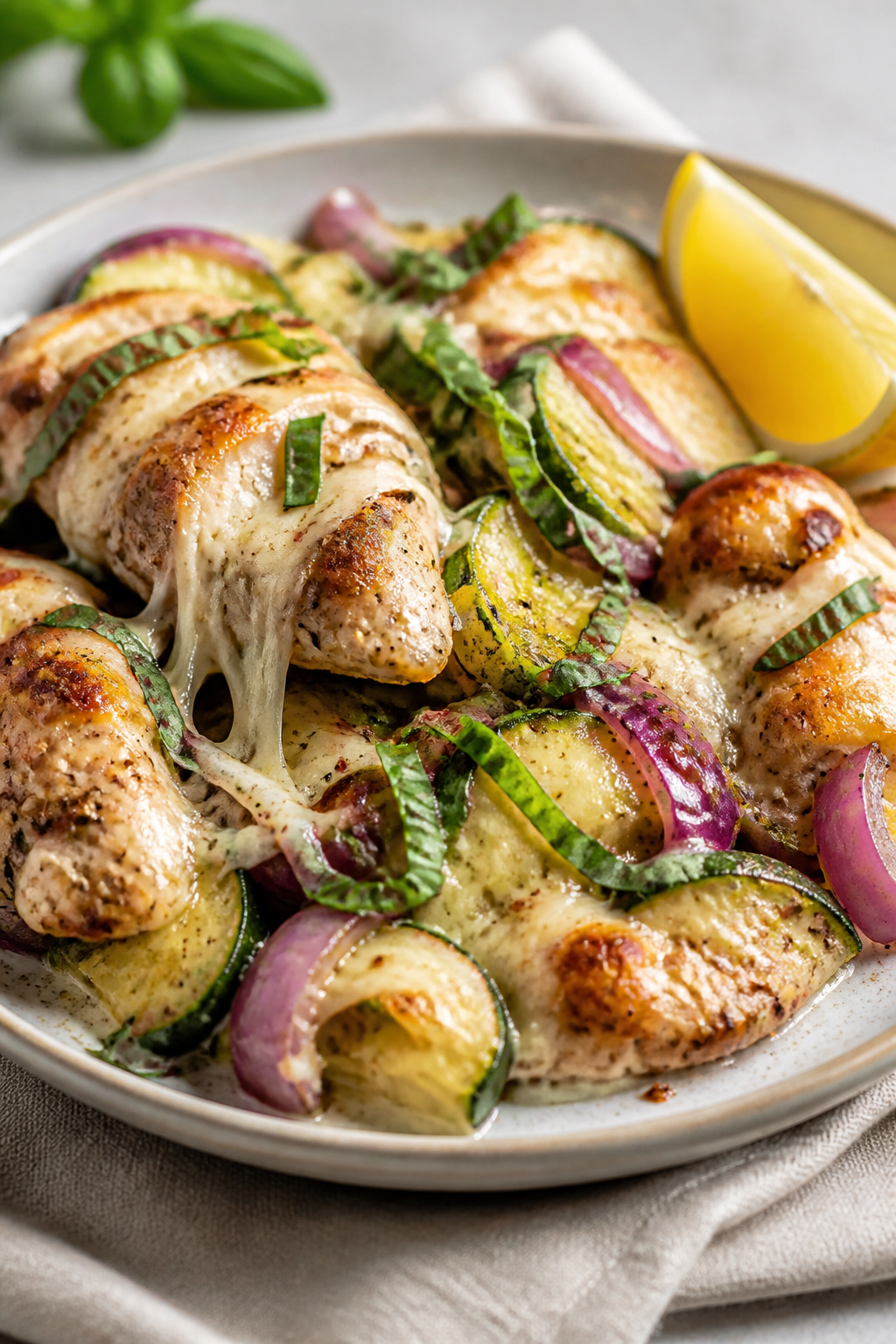 Close-up detail of a plated serving of the chicken zucchini bake: juicy chicken pieces coated in tan