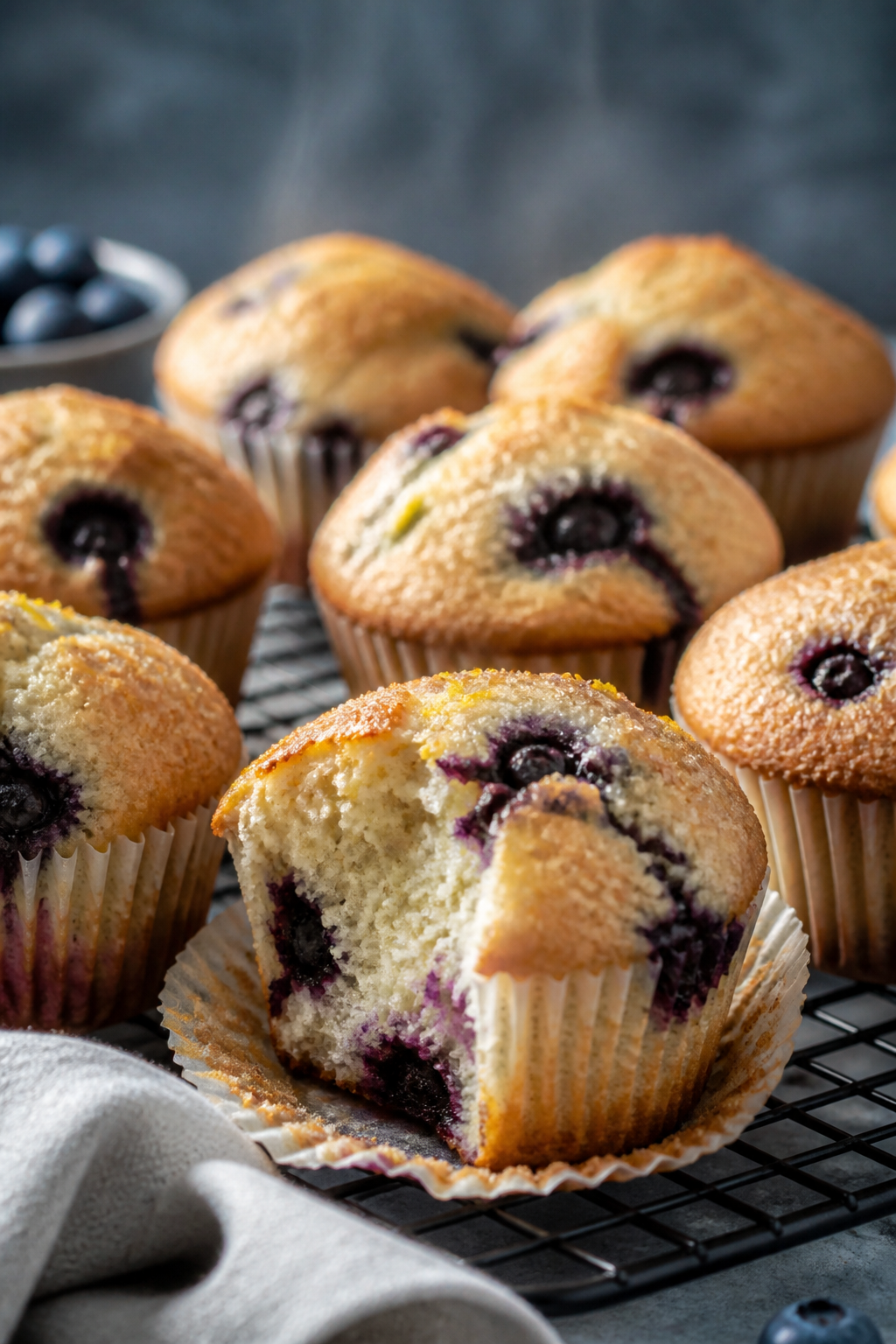 Close-up detail of freshly baked protein packed blueberry muffins just out of the tin on a wire rack