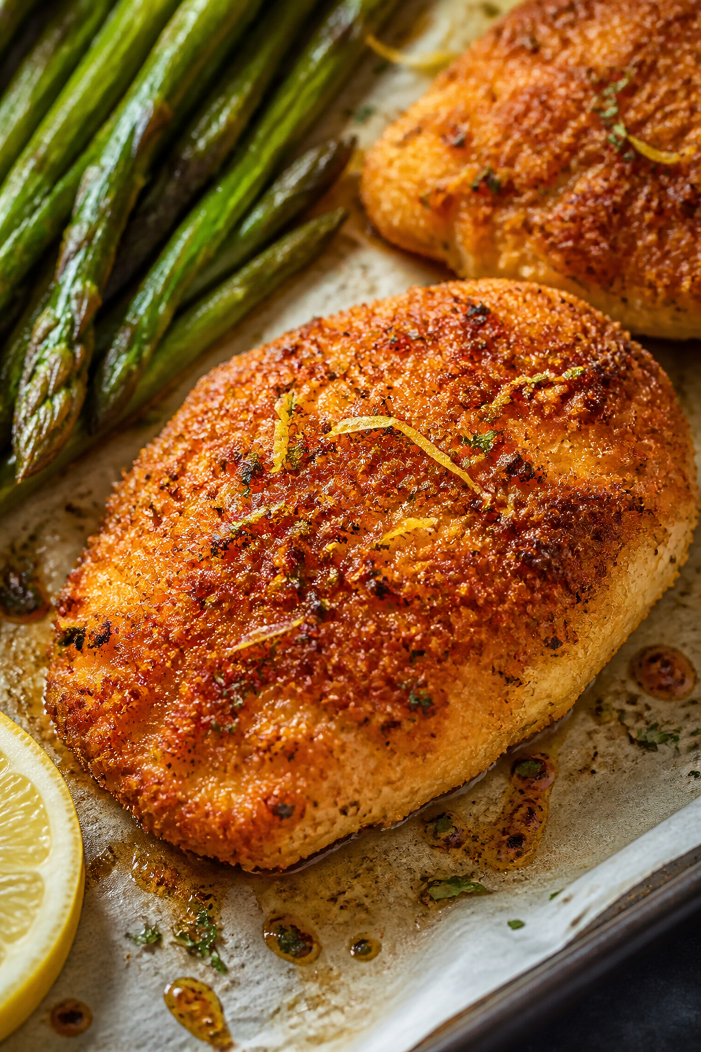 Close-up detail: Parmesan-crusted chicken just out of the oven, crust side up, showing golden-brown