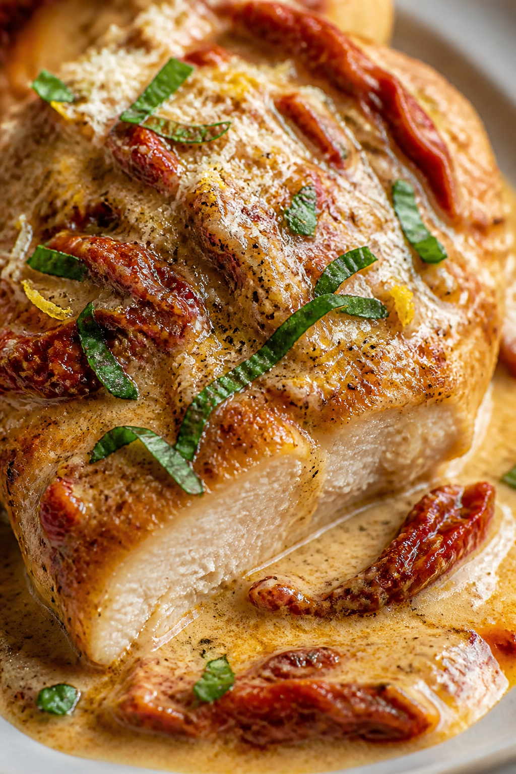Close-up detail, saucy bite: Extreme close-up of a sliced piece of Marry Me Chicken coated in velvet