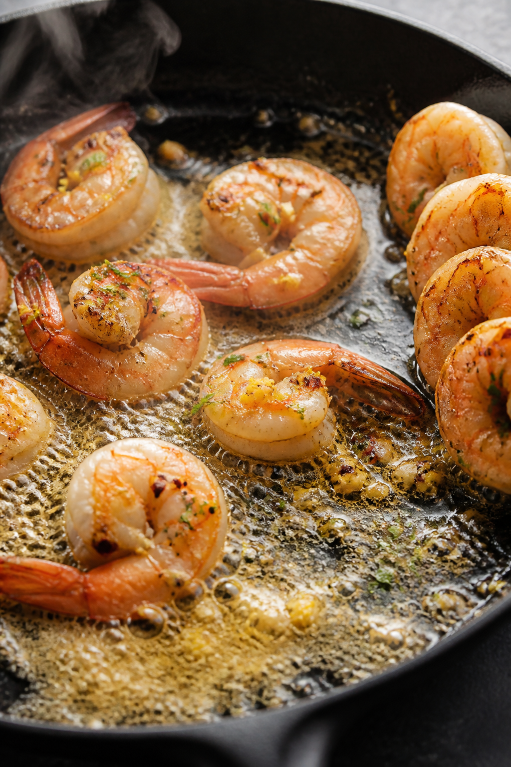 Close-up detail: Searing garlic butter shrimp in a skillet, shrimp just turned pink and opaque with